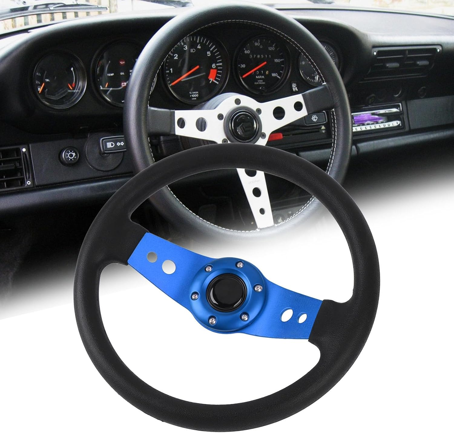Jiawu 14In Universal Racing Steering Wheel with Horn Button, Blue, Aluminum + PU Leather, 6 Bolts, Passenger Car Compatible - Blue image number 4