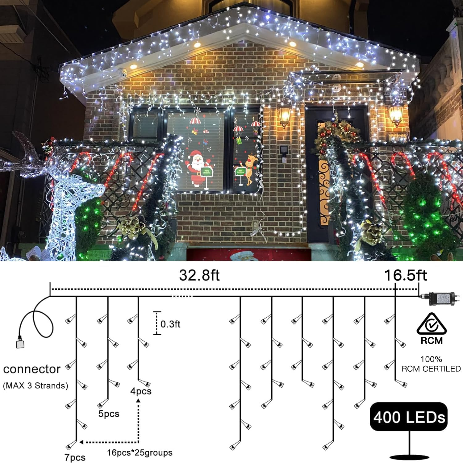 Christmas Lights Outdoor, Icicle Lights 32.8 Ft 400 LED Fairy Lights with Remote 8 Modes Icecycle String Lights Cascade for Wedding Indoor outside Party Holiday House Xmas Decorations(White) image number 6