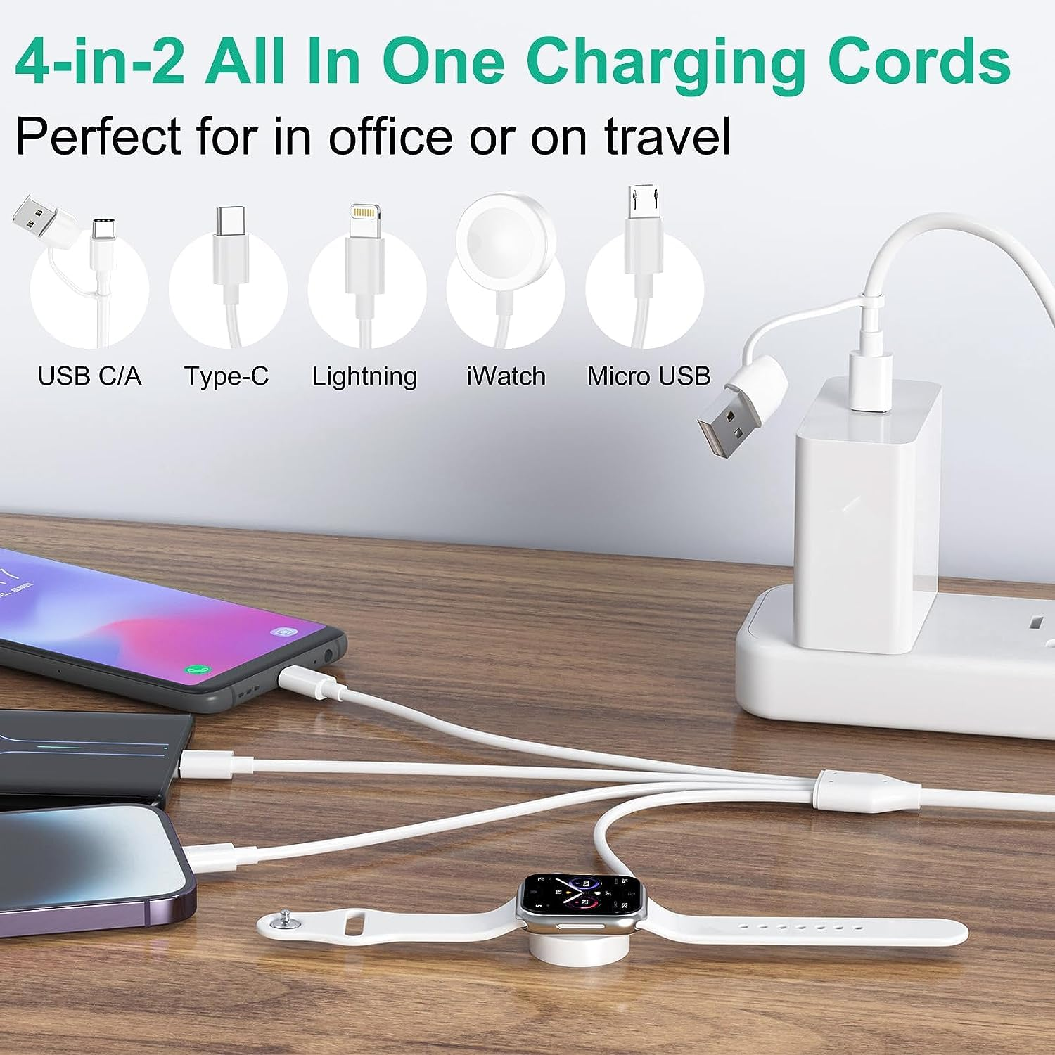 4 in 2 Watch Charger Cable for Iphone/Iwatch/Airpods, 1.2M/4Ft Multi USB A/C Charging Cable Magnetic Cord for Iwatch Series 8/7/6/Se/5/4，Galaxy, Pixel image number 1