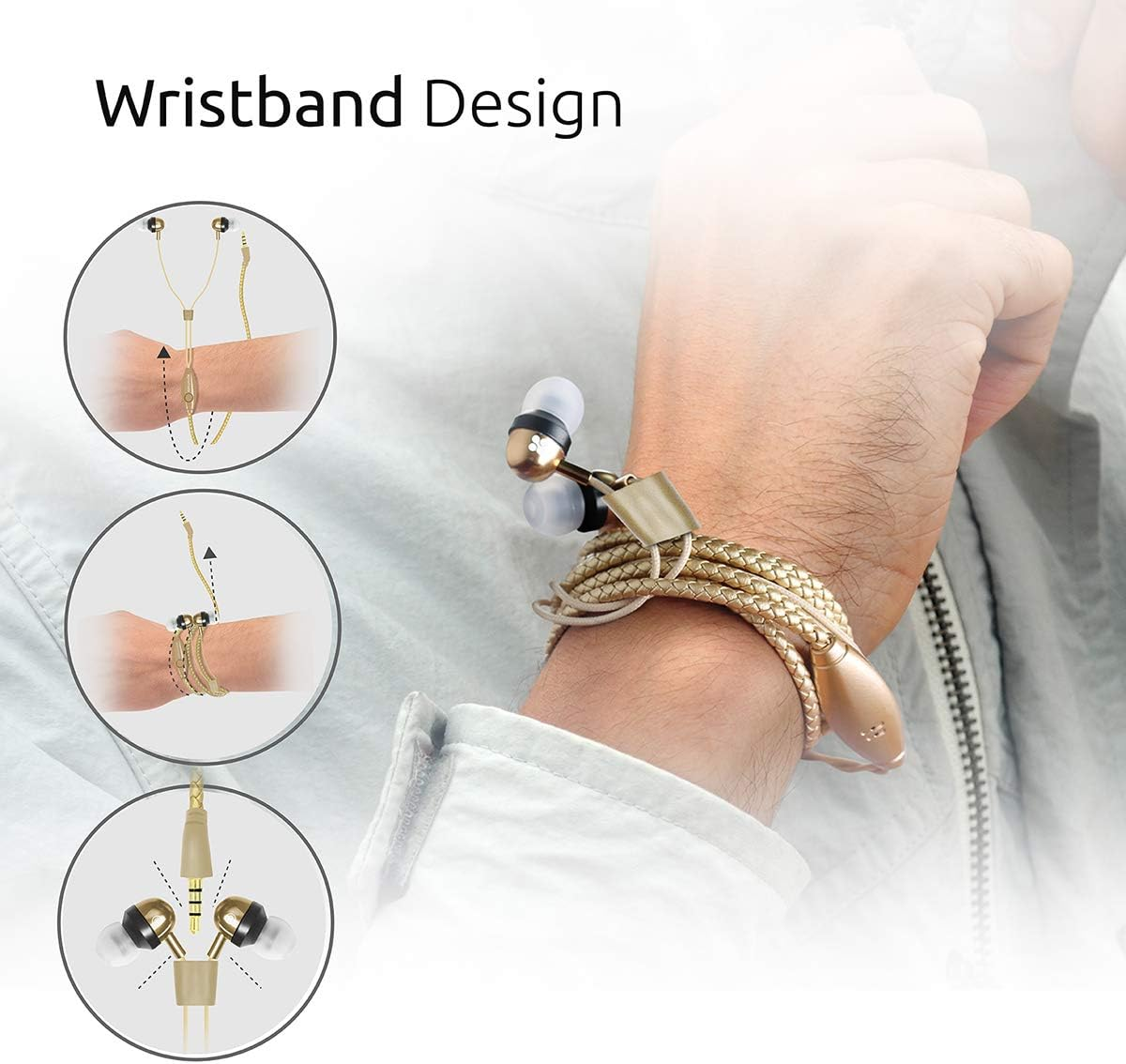 Promate Wearable Leather Bracelet Stereo Earbuds Cord Length 1.2M with Inline Microphone and Volume Controller Gold Vogue Gold - Red image number 6