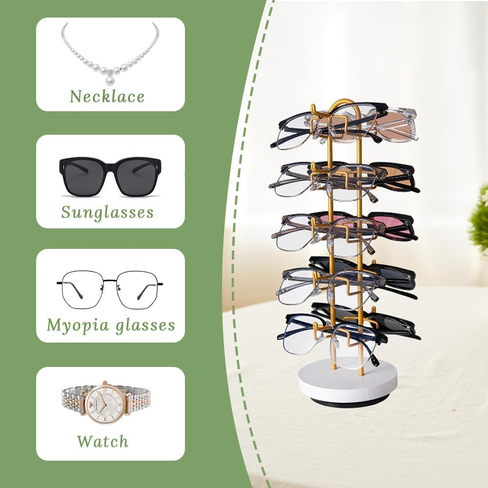 Metal Five-Layer Sunglass Storage Box with Rotating Base Display Stand for Organizing Decorations, Jewelry, Glasses, Necklaces, Desktop Storage Rack for Bathroom, Bedroom, Dressing Table (Gold) image number 1