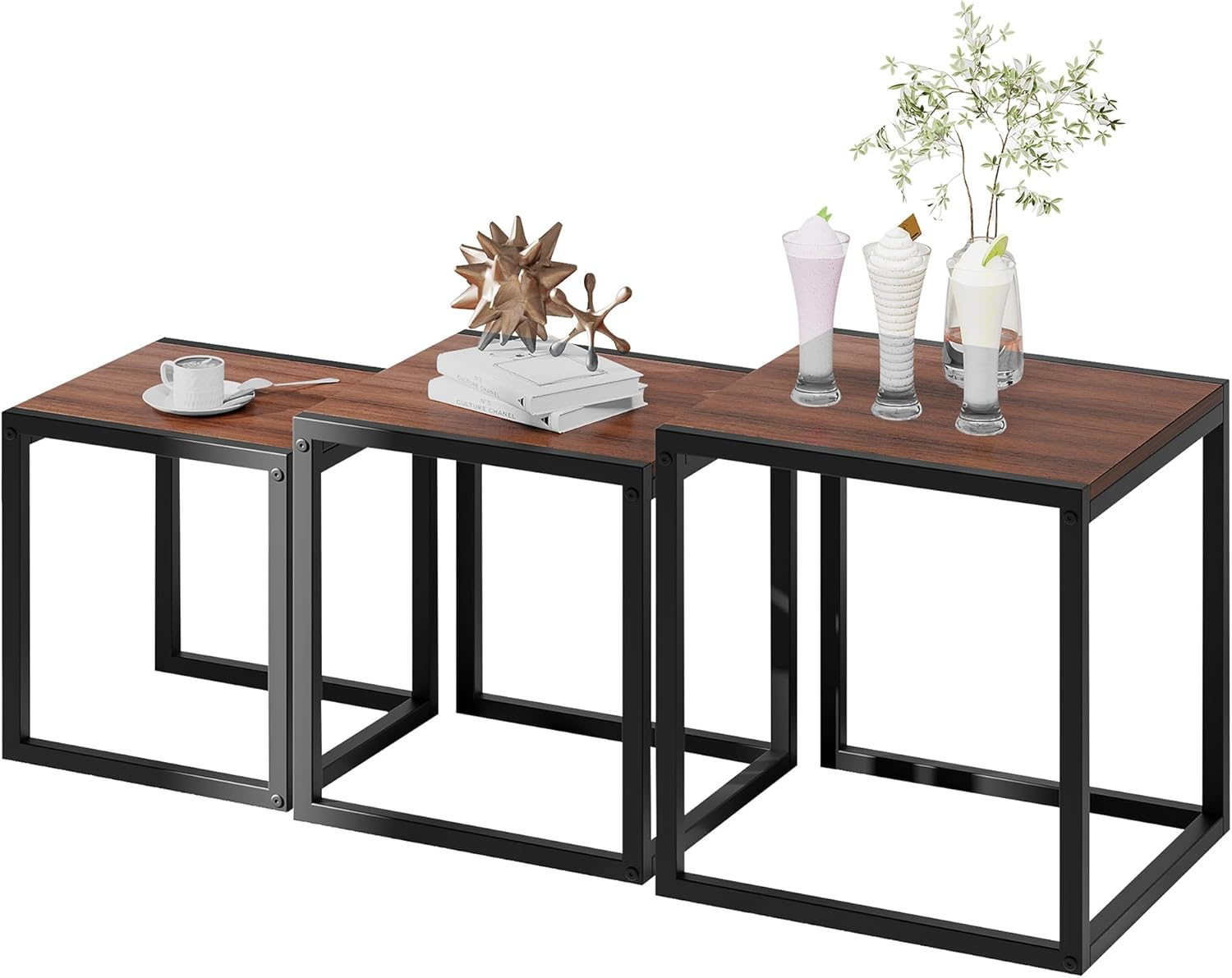 Nesting Table Set of 3 End Tables, Modern Minimalist Coffee Table, Stackable Tables with Metal Wood Stacking Side Table for Living Room, Bedroom, Brown/Black - Walnut