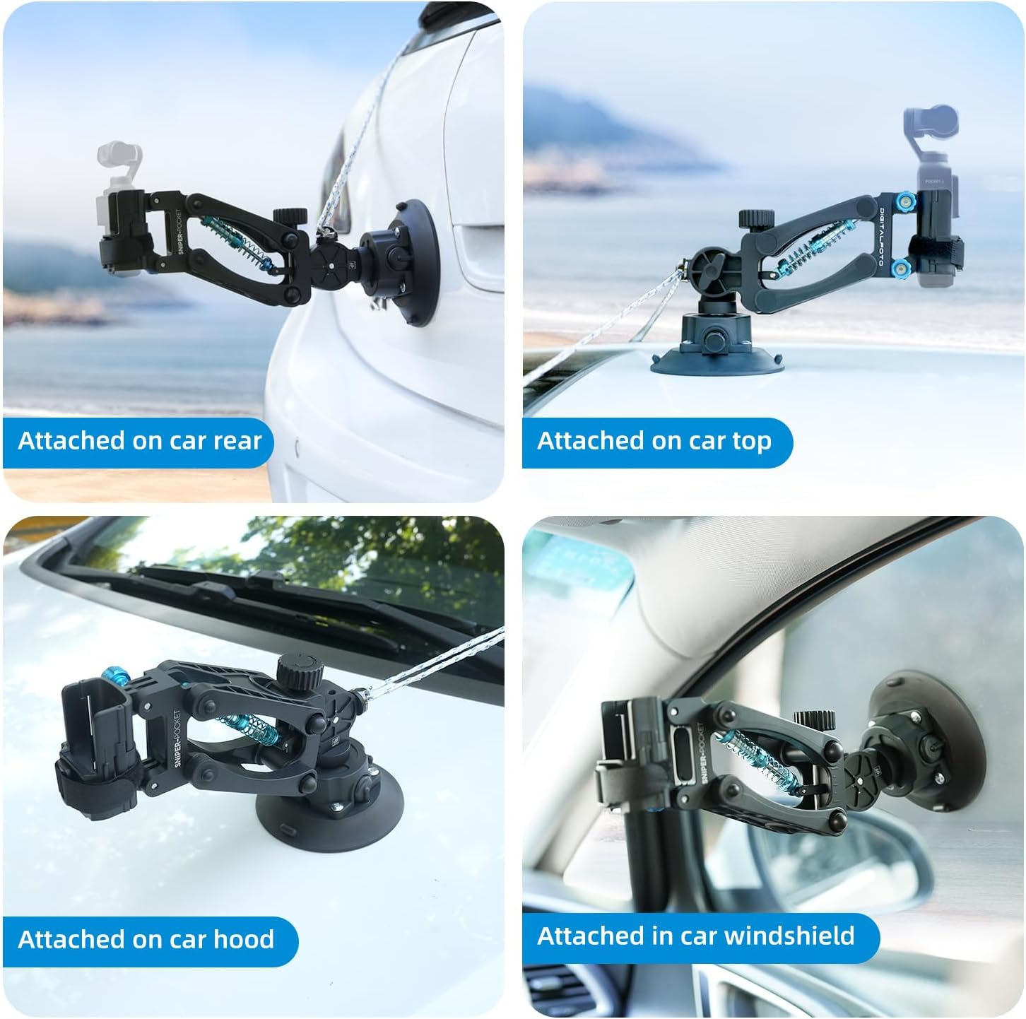 DF DIGITALFOTO Osmo Pocket 3 Car Mount, Blade Arm Sunction Cup Shock Vertical Shock Absorbing Car Shooting with Safety Lock Rope 60Kg Load-Bearing Compatible with DJI Osmo Pocket/Gopro Action Camera image number 1