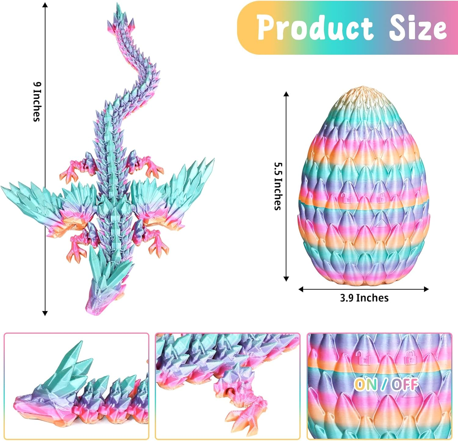 Flying Dragon Eggs, 3D Printed Dragon Egg with Articulated Dragon Inside, Toys for Kids, Home Decor, Creative Ornaments, Birthday Gifts for Kids(Rainbow,Medium) image number 3