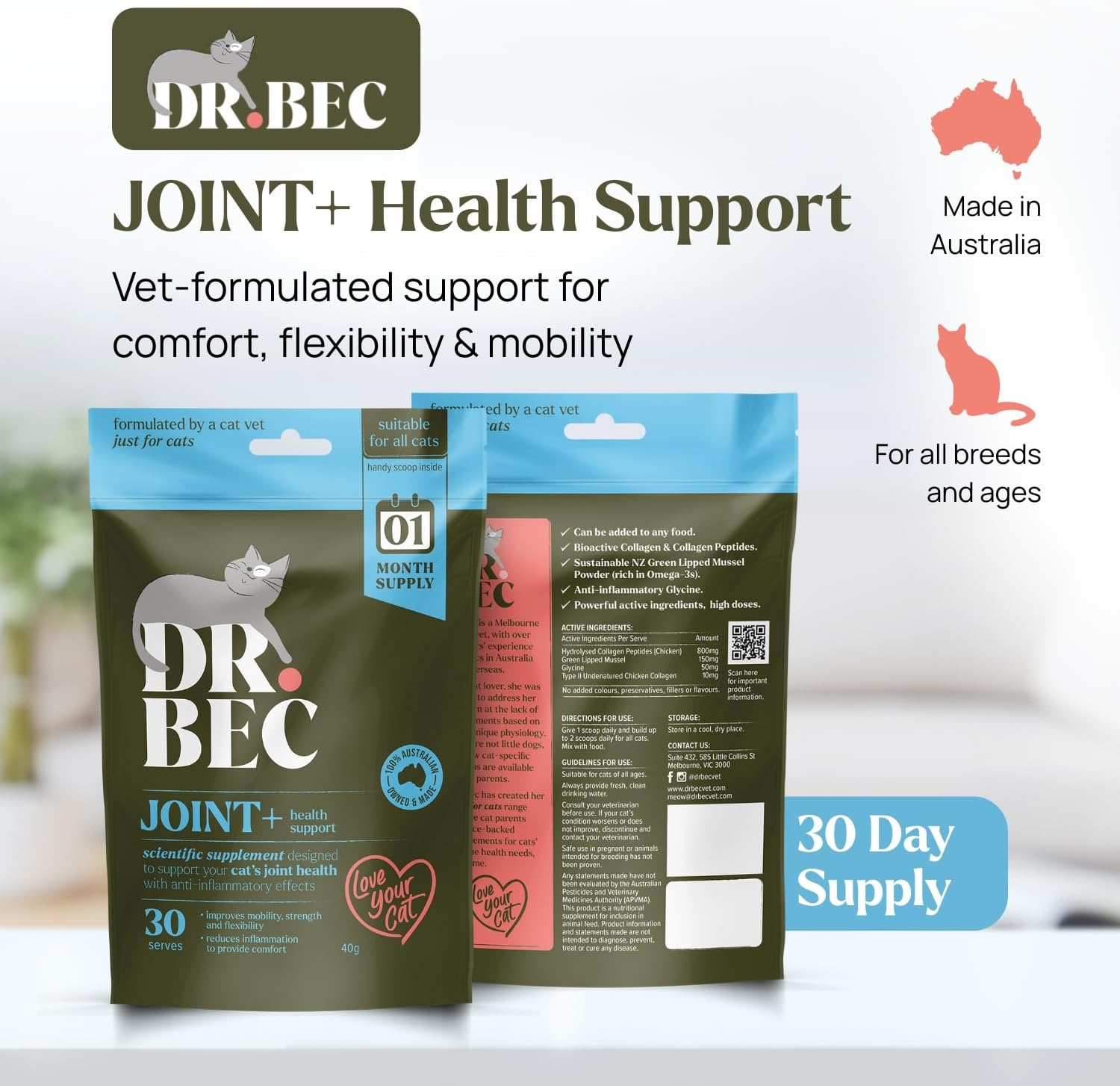 Dr. Bec Joint+ Cat Joint Supplement for Mobility & Comfort, Vet-Made Green Lipped Mussel Omega-3 & Collagen Blend, Australian Made image number 5