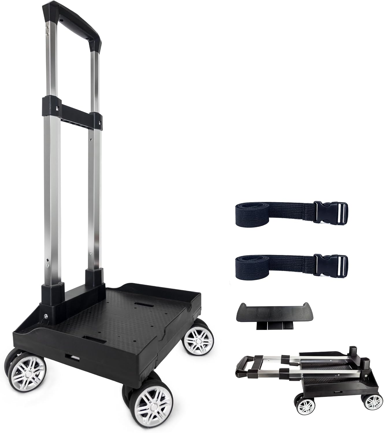 Backpack Trolley Wheeled Cart, Foldable Aluminium Alloy Hand Truck with Edge Guard Base, 4 Spinner Wheels, Luggage Cart with Luggage Strap for Teenagers, Adults, School,Luggage Trolley for Travel image number 6