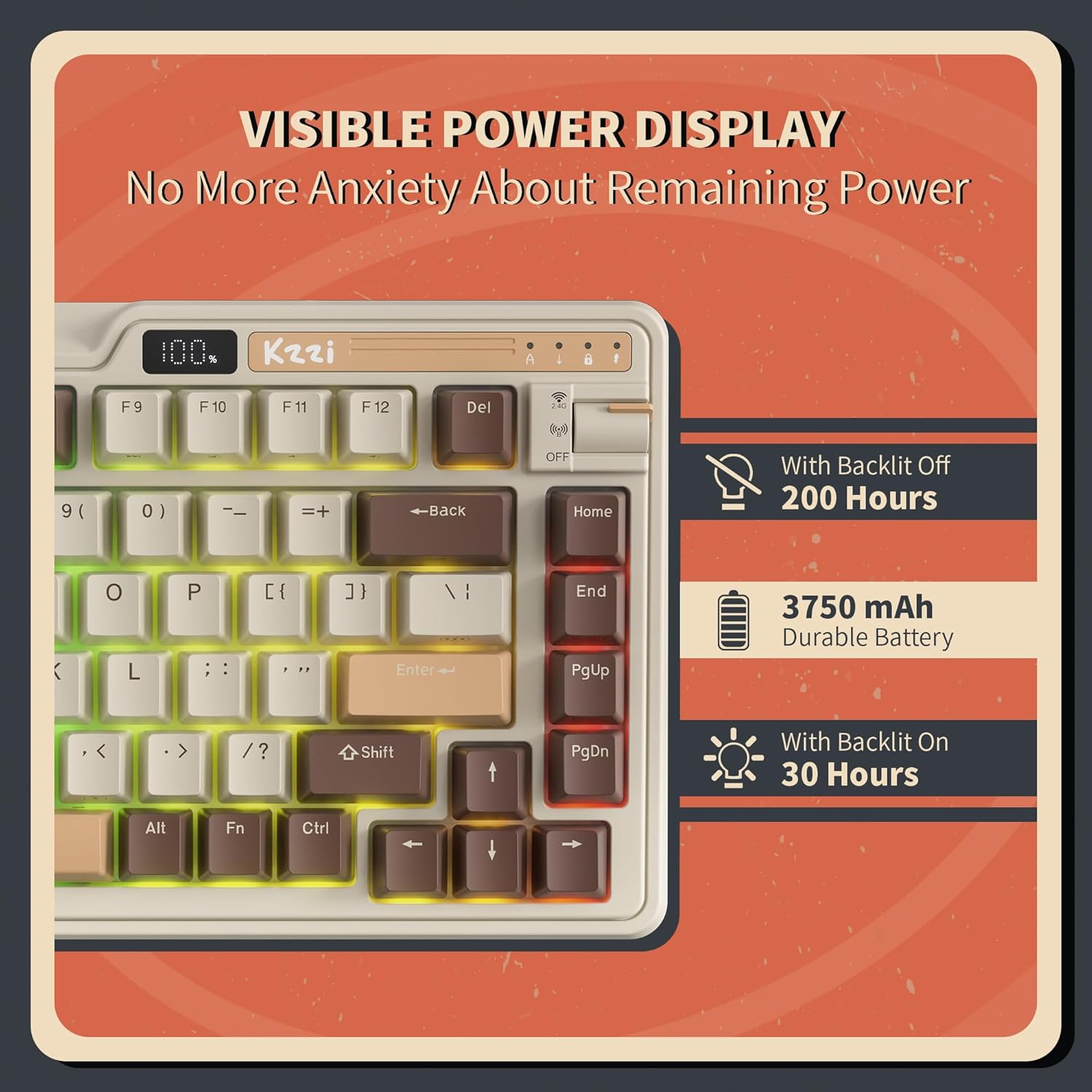 KZZI K75 PRO RGB 75% Wireless Gasket Mechanical Keyboard, Triple Mode BT 5.0/2.4G/USB-C 82 Keys Hot Swappable Gaming Keyboard W/Knob & Power Display, Custom Tactile Switches, Brown image number 6