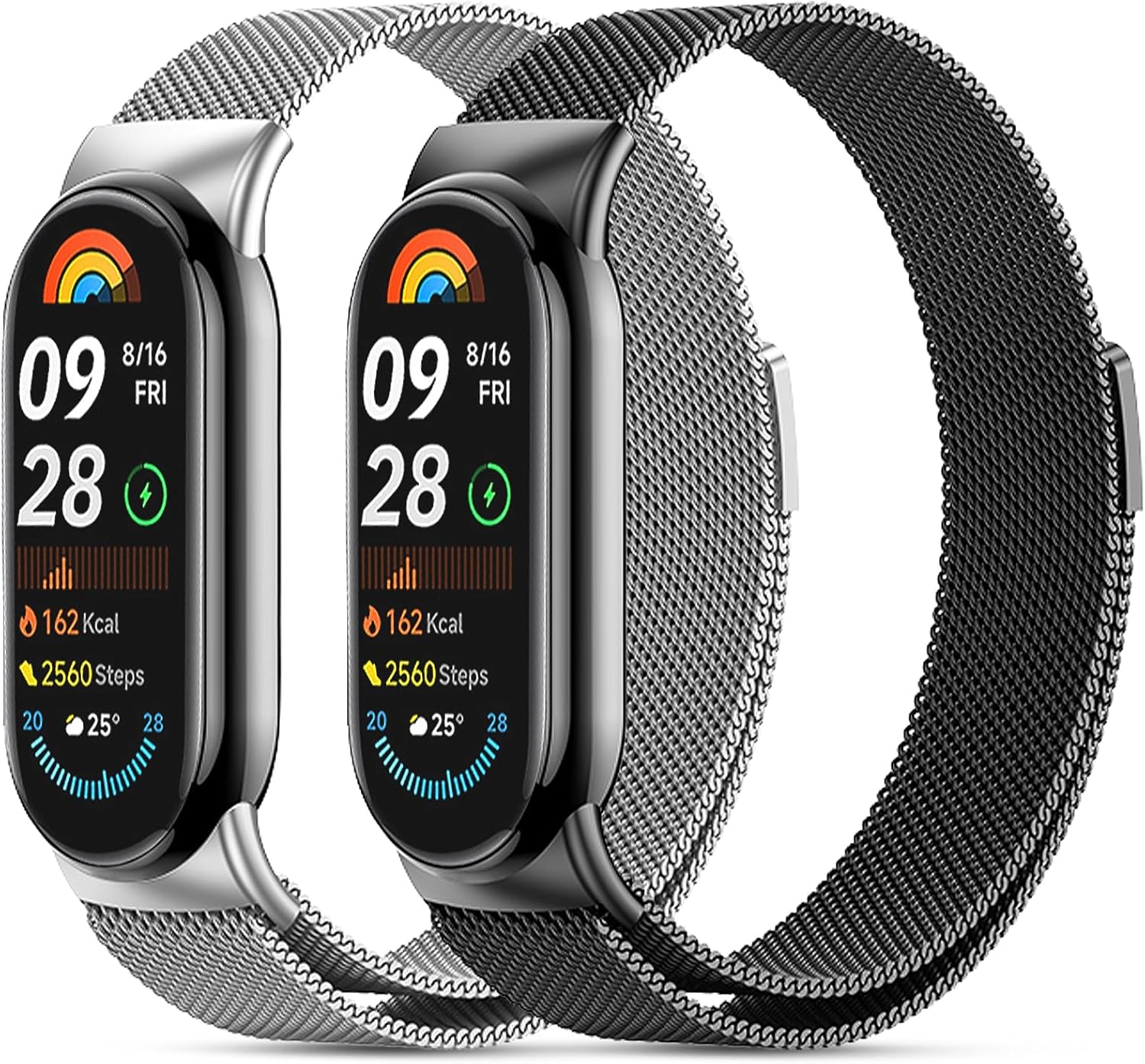 CHANRASI Pack of 2 Replacement Wristbands Compatible with Xiaomi Mi Band 9/8 Women Men Adjustable Metal Bracelets Made of Stainless Steel for Xiaomi Mi Band 9/8 Black Silver