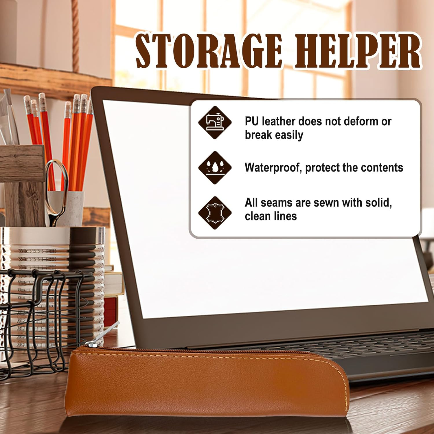 Binzus 5 Pcs Leather Pen Case Slim Design Cute Stationery Storage Bag with Zipper for Pens, Pencils, Markers (Colorful) image number 2