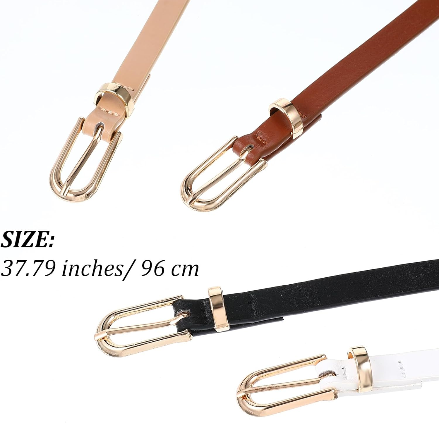 Wanmu 4 Pack Women Skinny Leather Belts for Jeans, Thin Waist Belt with Metal Buckle for Ladies, Dresses, Pants (39 Inches, White, Black, Cream Color, Coffee) image number 1