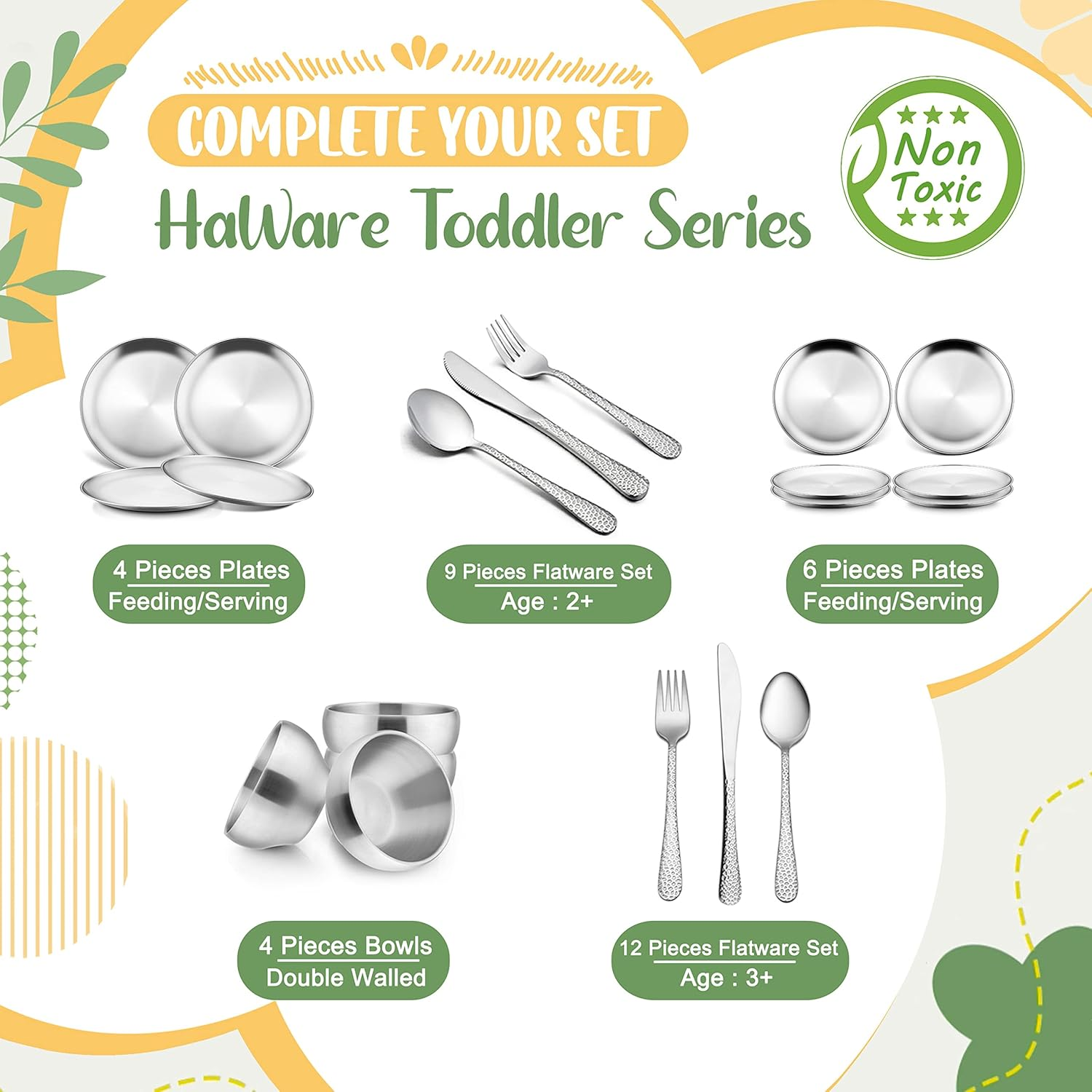 Haware 4-Piece 18/8 Stainless Steel Plates, Metal 304 Dinner Dishes for Kids Toddlers Children, 9 Inch Feeding Serving Camping Plates, Reusable Dinnerware, Shatterproof & Non-Toxic, Dishwasher Safe image number 2