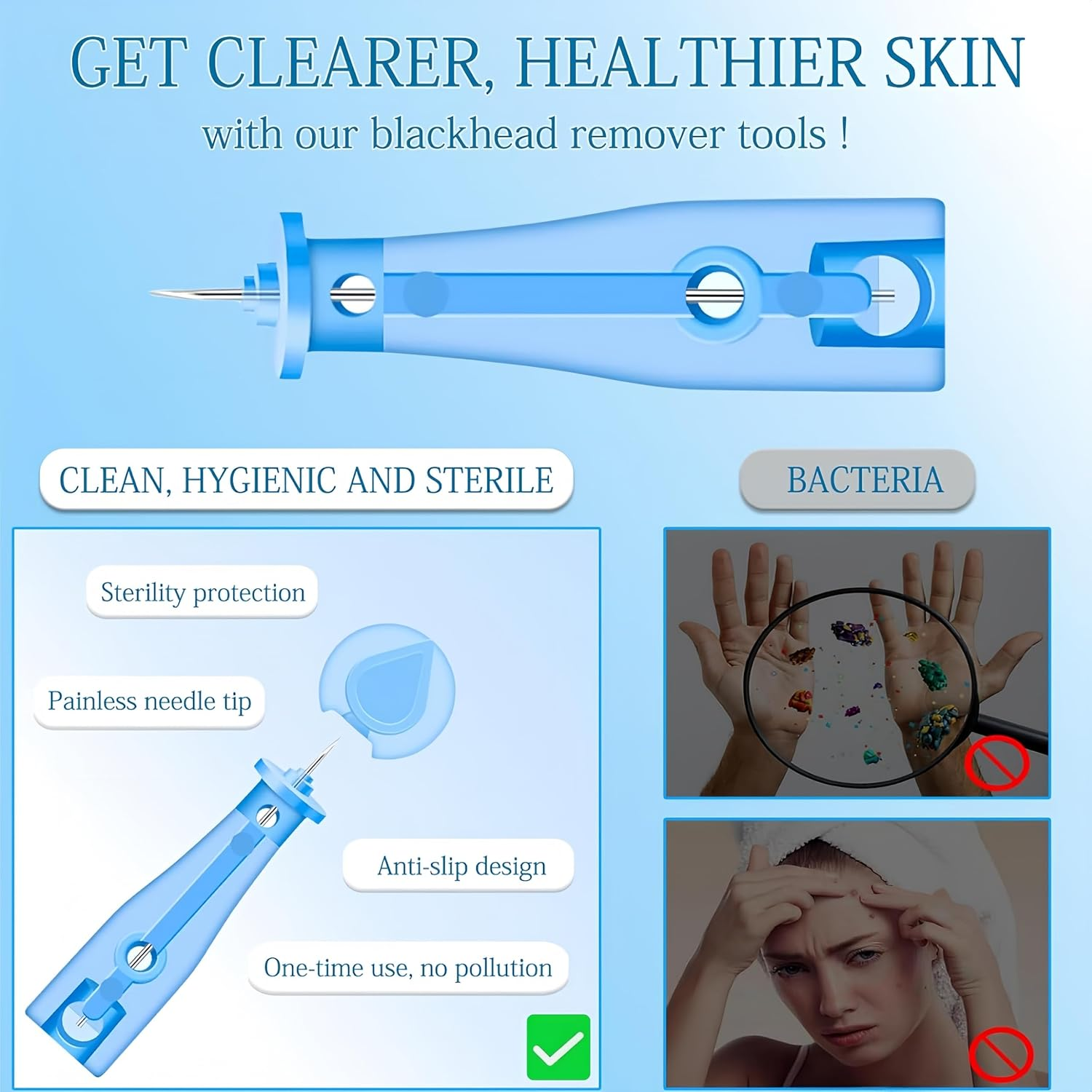 Febohao Blackhead Remover Tool 50Pcs Pimple Popper Kit Skin Care Acne Needle Nose Strips for Blackheads Pimple Extractor Pore Cleaner image number 3