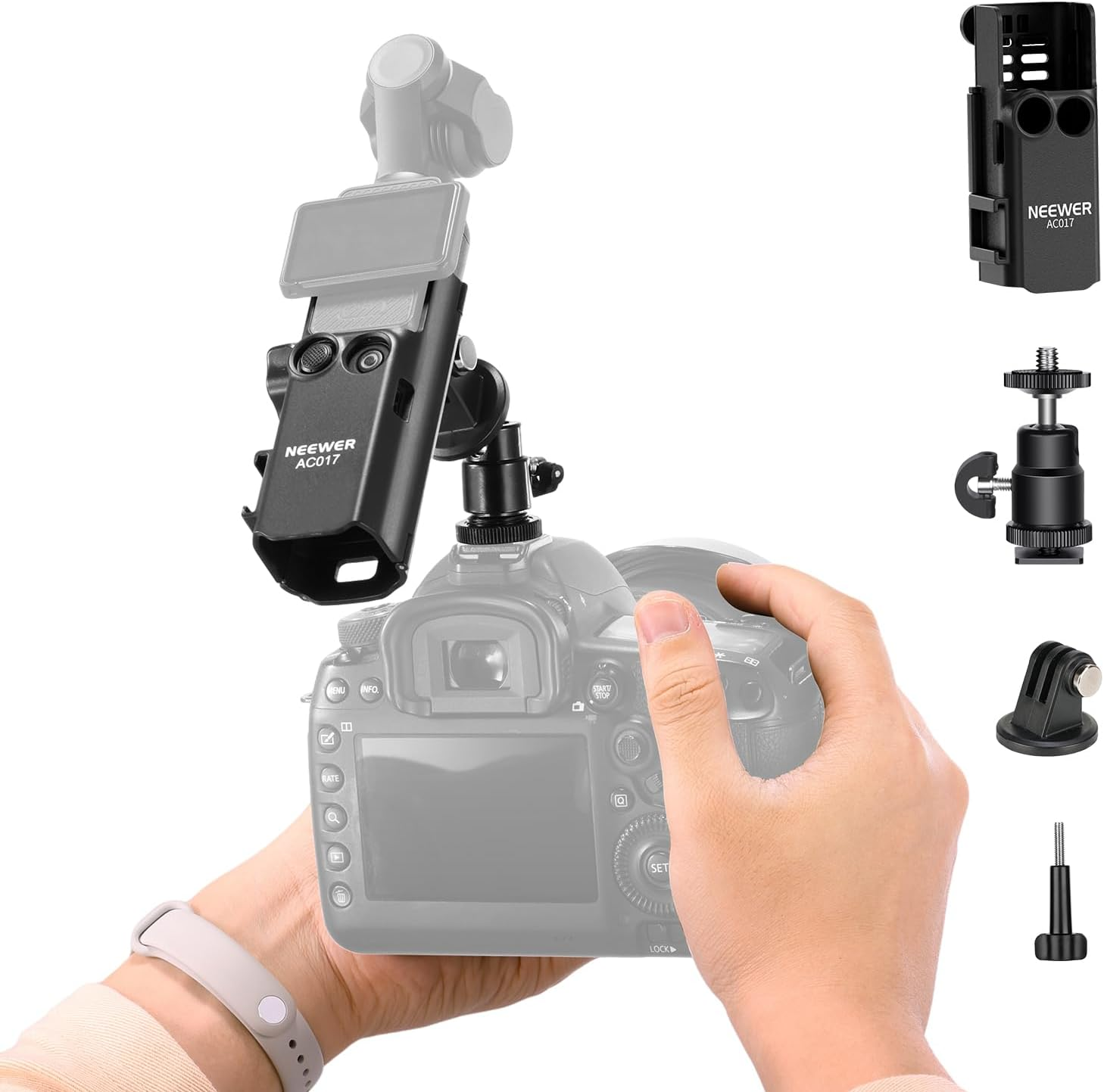 NEEWER Basics Pocket 3 Extension Adapter Mount Kit Compatible with DJI Osmo Pocket 3, Expansion Cage Frame, Dual Cam Setup with Cold Shoe for DSRL Digital Camera Vlogging, GP-68 image number 5