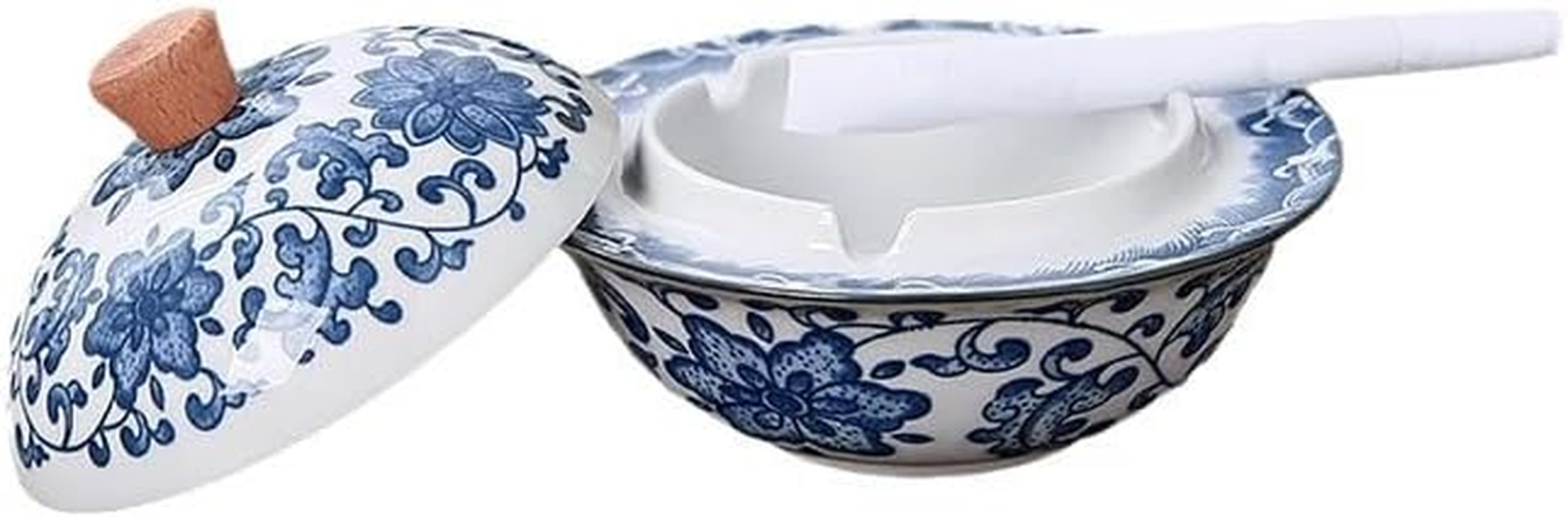Chiorgone Vintage Blue and White Porcelain Ashtray with Lid - Chinese Feng Shui Floral Ceramic Windproof Ash Holder for Home, Office, Patio Decor image number 2