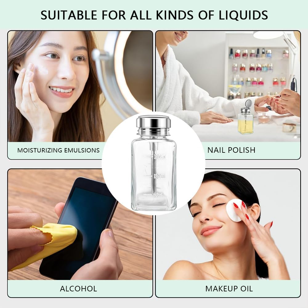 2 Pack 180 ML Square Glass Pump Dispenser Bottles &ndash; Refillable Flip-Top Bottles for Alcohol, Nail Polish Remover, Makeup Remover &ndash; Clear Travel Size Containers with Metal Cap image number 5