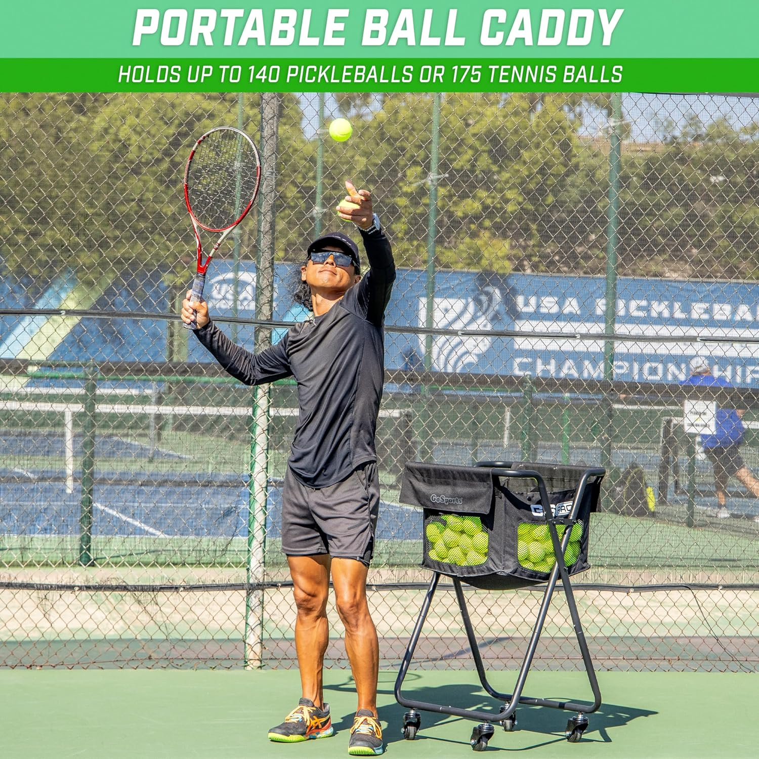 Gosports Ball Caddy with Wheels - Portable Cart Holds 140 Pickleballs or 175 Tennis Balls image number 2