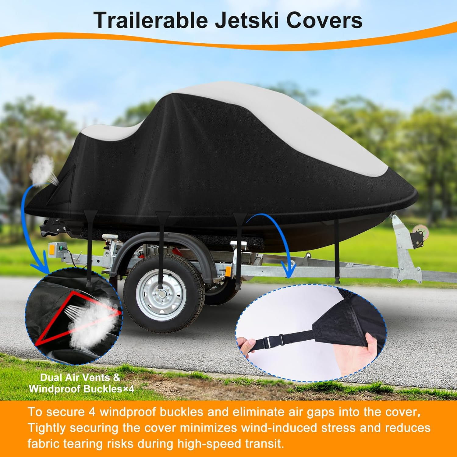 Jet Ski Covers,Upgraded 900D Waverunner Cover Waterproof,Durable Jet Ski Cover 3 Seater with 2 Air Vents，4 Windproof Buckles，Easy on Universal Cover for Seadoo Spark(Silver-Black, XXL:121"-135") image number 2