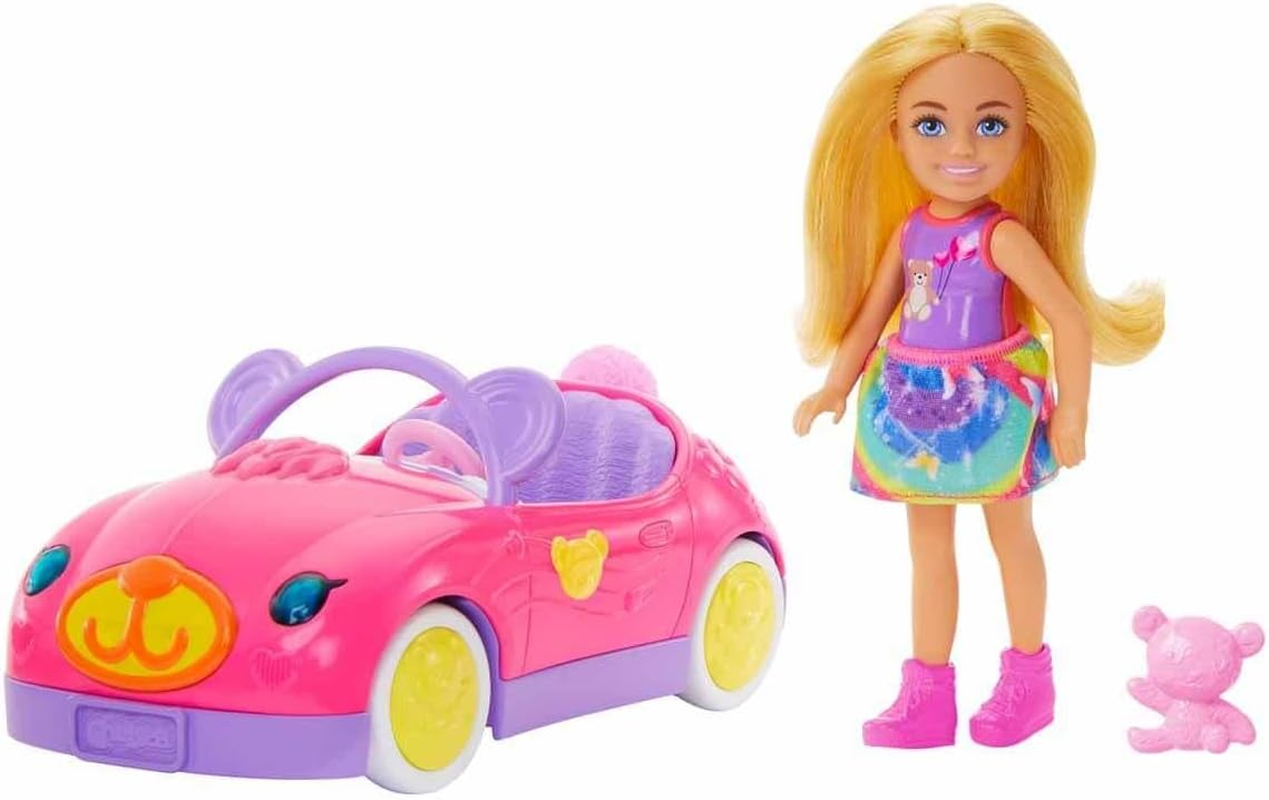 Barbie Chelsea Doll & Toy Car Set with Bear-Themed Convertible & Teddy Bear Accessory, Blonde Small Doll Wears Removable Skirt & Shoes image number 1