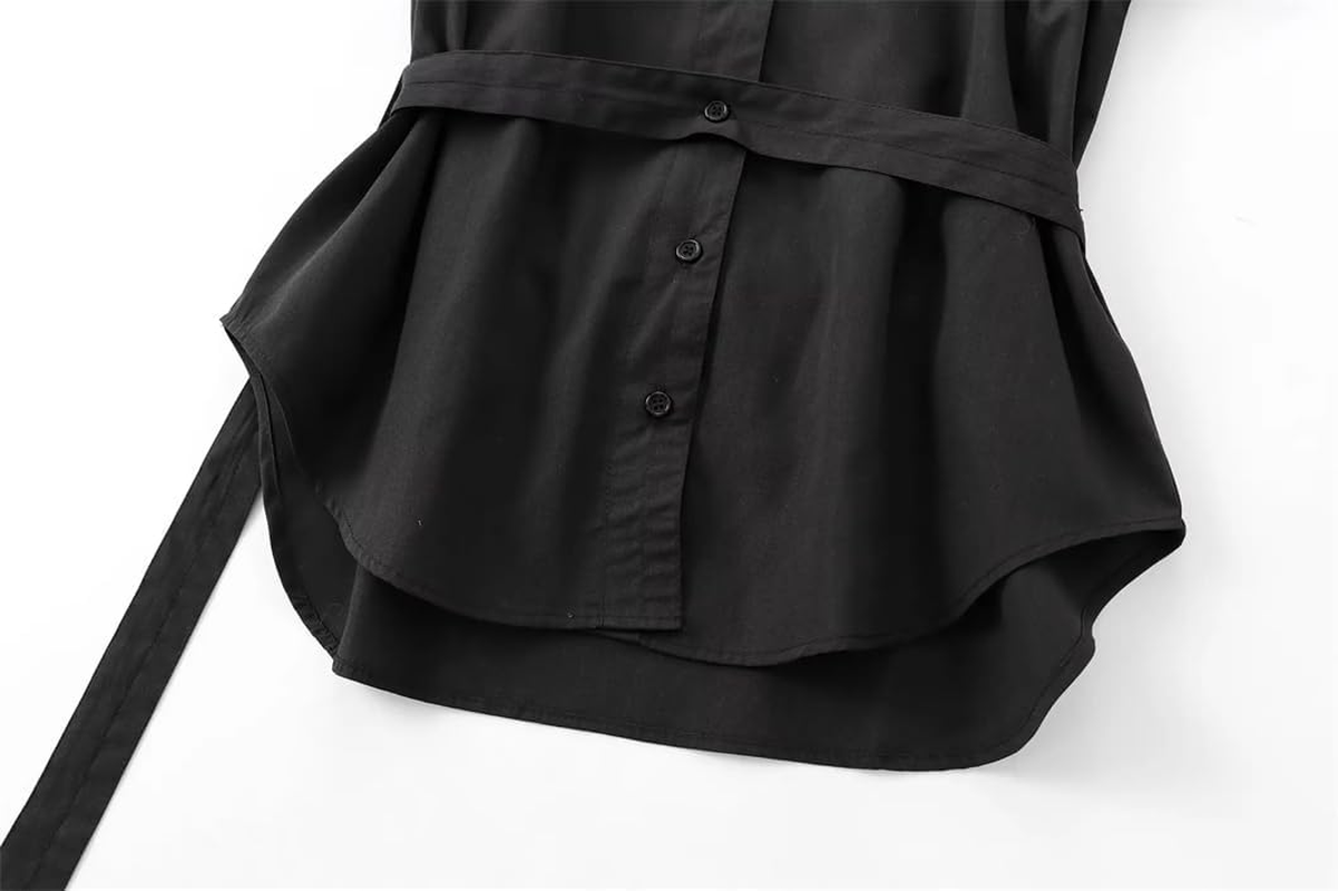 Womens Solid Color Fitted Belt Shirt Loose Casual Long Sleeve Top Button down Office Work Blouse image number 3