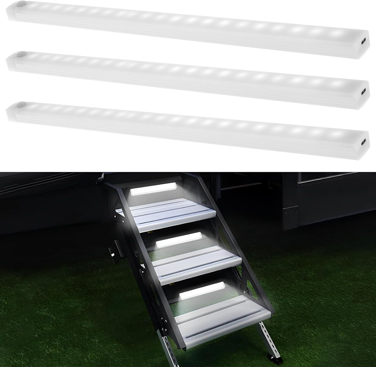 3Pcs Motion Activated RV Step Lights, RV Step Lights Motion Activated LED Travel Trailer Steps Light 42LED Rechargeable LED Light Strips RV Magnetic Motion Sensor Light Bar image number 1