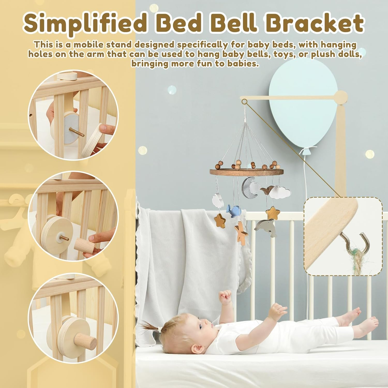 2-Height Adjustable Crib Mobile Arm, Natural Wood Hanger for Baby Bed Musical Toys, Fits Most Standard Baby Cribs & Cots
