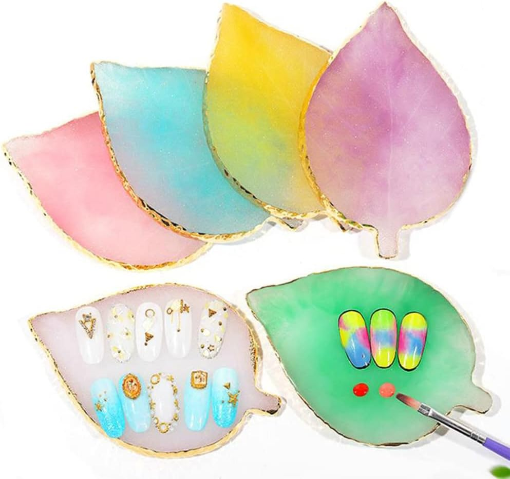 AKOAK 1 Pack Nail Leaves Palette Resin Agate Gold Trim Paint Palette Crystal Rim Shooting Prop Nail Display Board Tool (Yellow) image number 2