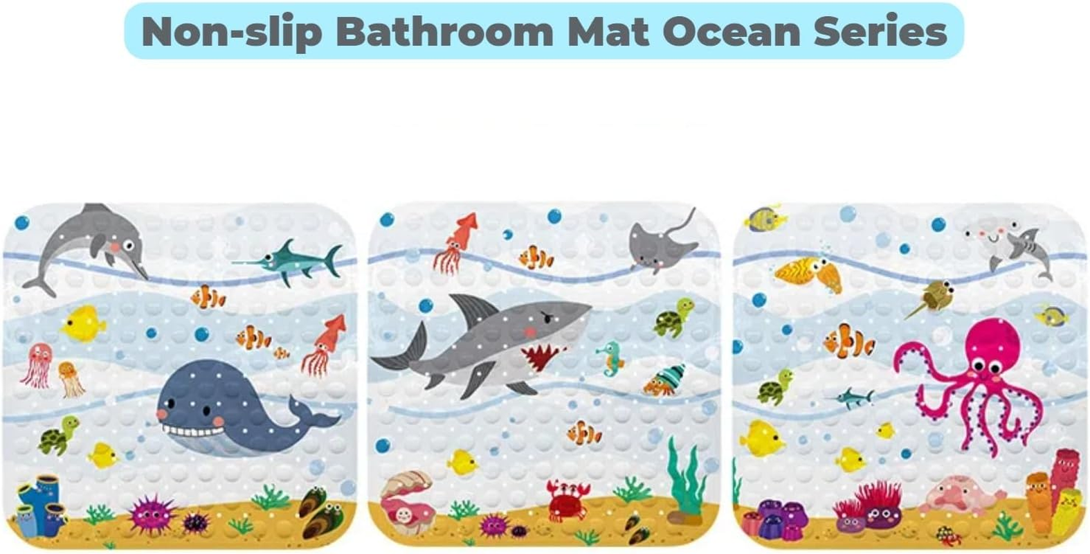 Square Non-Slip Bath Mat for Tub & Shower, 54X54 Cm (21"X21") Soft PVC Floor Mat with Drain Holes, Quick-Dry Antibacterial Bathtub Safety Mat for Kids, Elderly, Adults，Machine Washable（Dolphin Design） image number 4