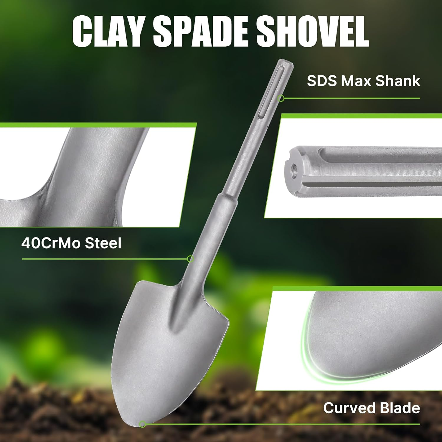 Sds-Max Shank 40Cr Steel Clay Spade, 410Mm Demolition Jack Hammer Bit, Trenching and Digging Shovel Bit for Clay, Gravel, Frozen Soil, Concrete image number 1