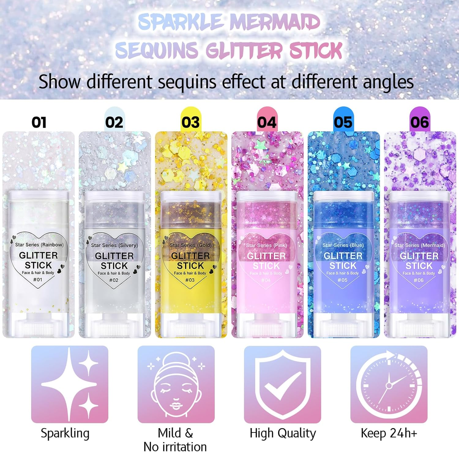 DAGEDA Body Glitter Stick, Mermaid Sequins Glitter Stick Face Body Sparkling Glitter, Chunky Holographic Hair Glitter, Durable Glitter Lips Nails Festival Rave Halloween Glitter Makeup(02 Silver) - Pink image number 4