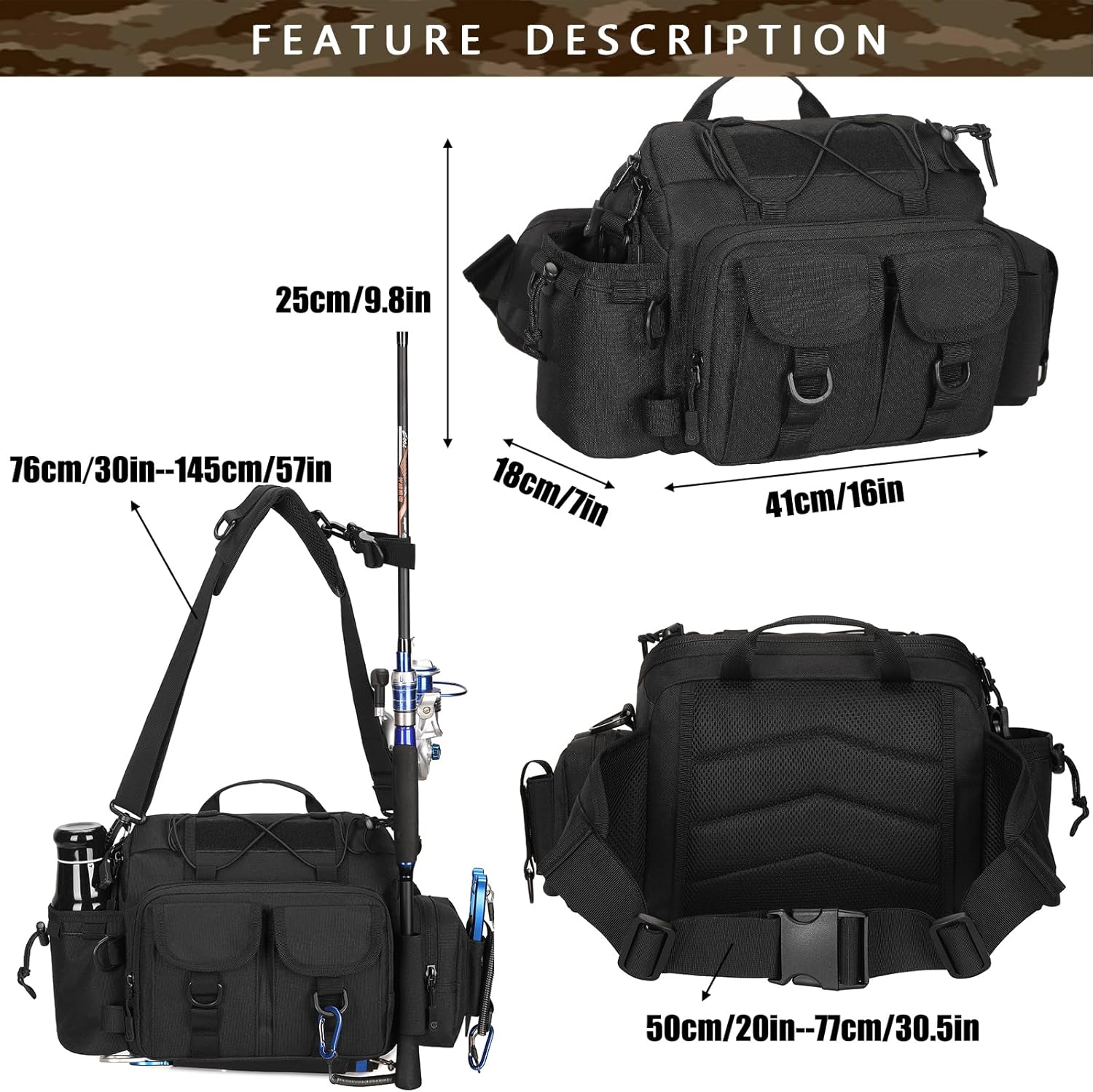 Fishing Tackle Bag Crossbody Sling Bag Fly Fishing Gear Organizer Pack for Fishing Hiking Camping Hunting Waist Bag for Men 1000D Nylon Waterproof (Black) image number 2