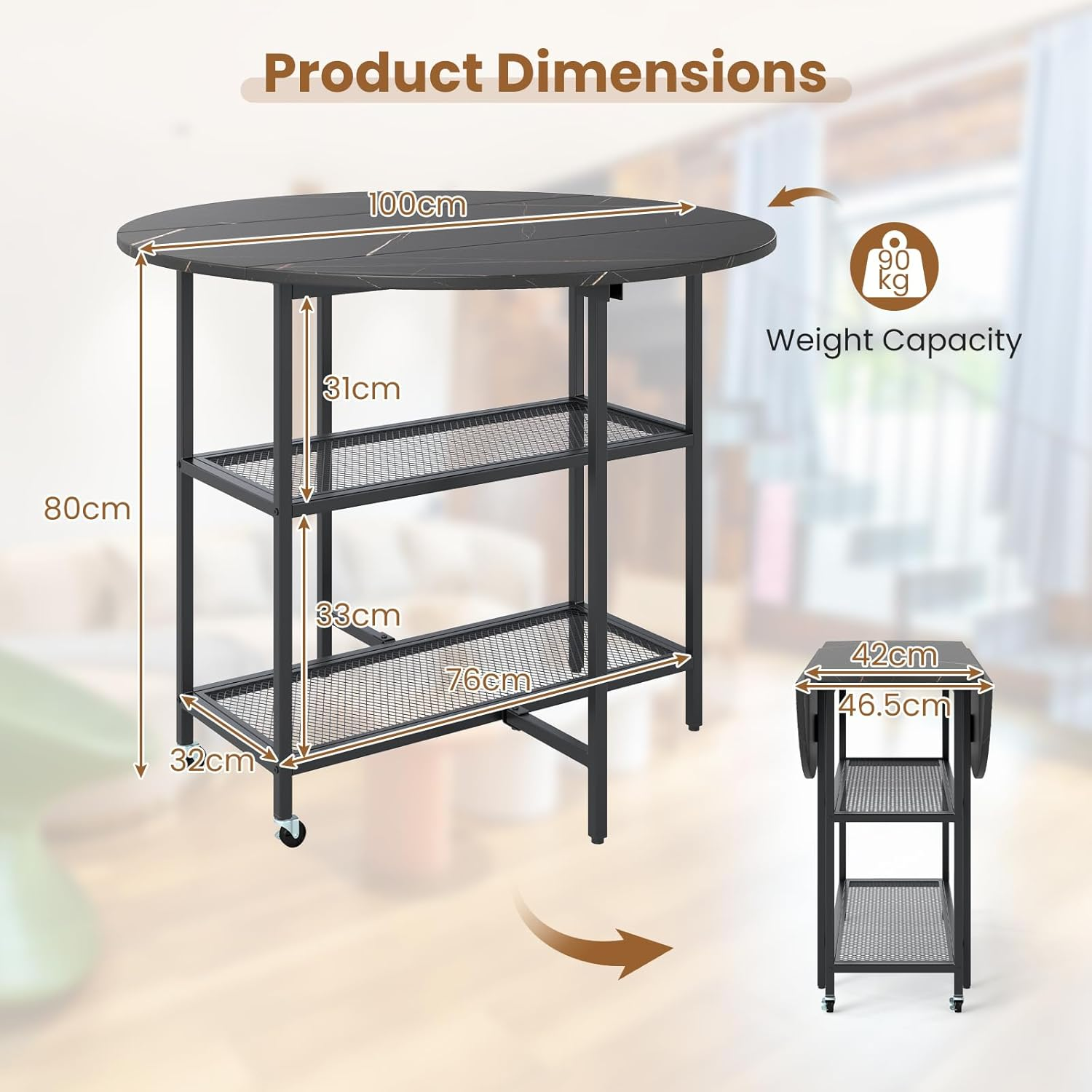 Giantex Mobile Folding Dining Table Seats 2-4 People, round Drop Leaf Kitchen Table W/ 2 Storage Shelves, Space-Saving Extendable Diner Table for Dining Room Living Room Apartment (Black) image number 2