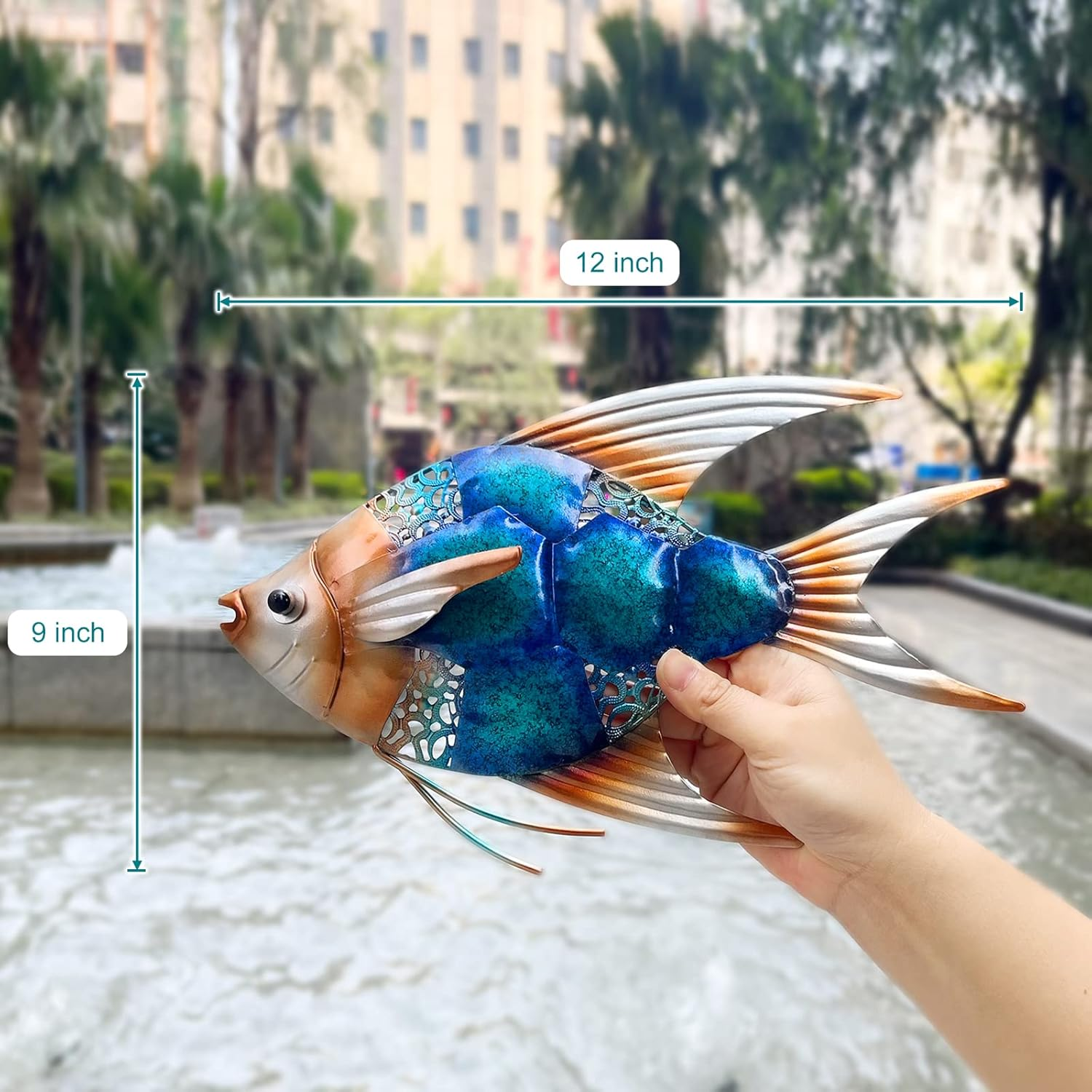 LIFFY Metal Fish Wall Decor -Outdoor Metal Fish Wall Decor - Indoor Art Sculpture - Hanging Decorations for Home, Garden, Bedroom, Sculptures, Ocean, Kitchen Bathroom, and Pool (Blue Angelfish) image number 4