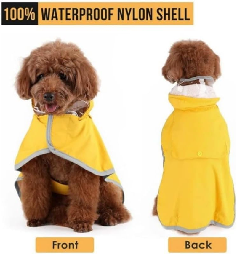 Dog Raincoat with Hood, Waterproof Nylon Shell, Reflective Strips, Yellow, Adjustable with Lead Hole (XL) image number 2