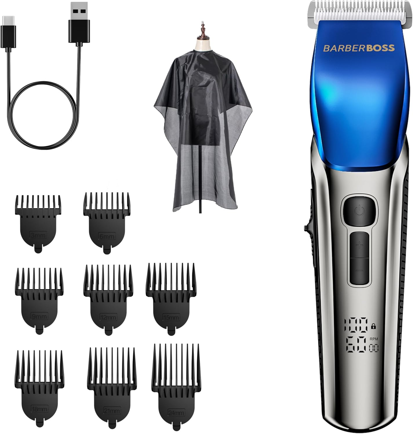Barberboss Hair Clipper and Beard Trimmer for Men - 4 Speed Levels, Ceramic Blades, 8 Guide Combs, LED Indicator, USB Rechargeable, Waterproof