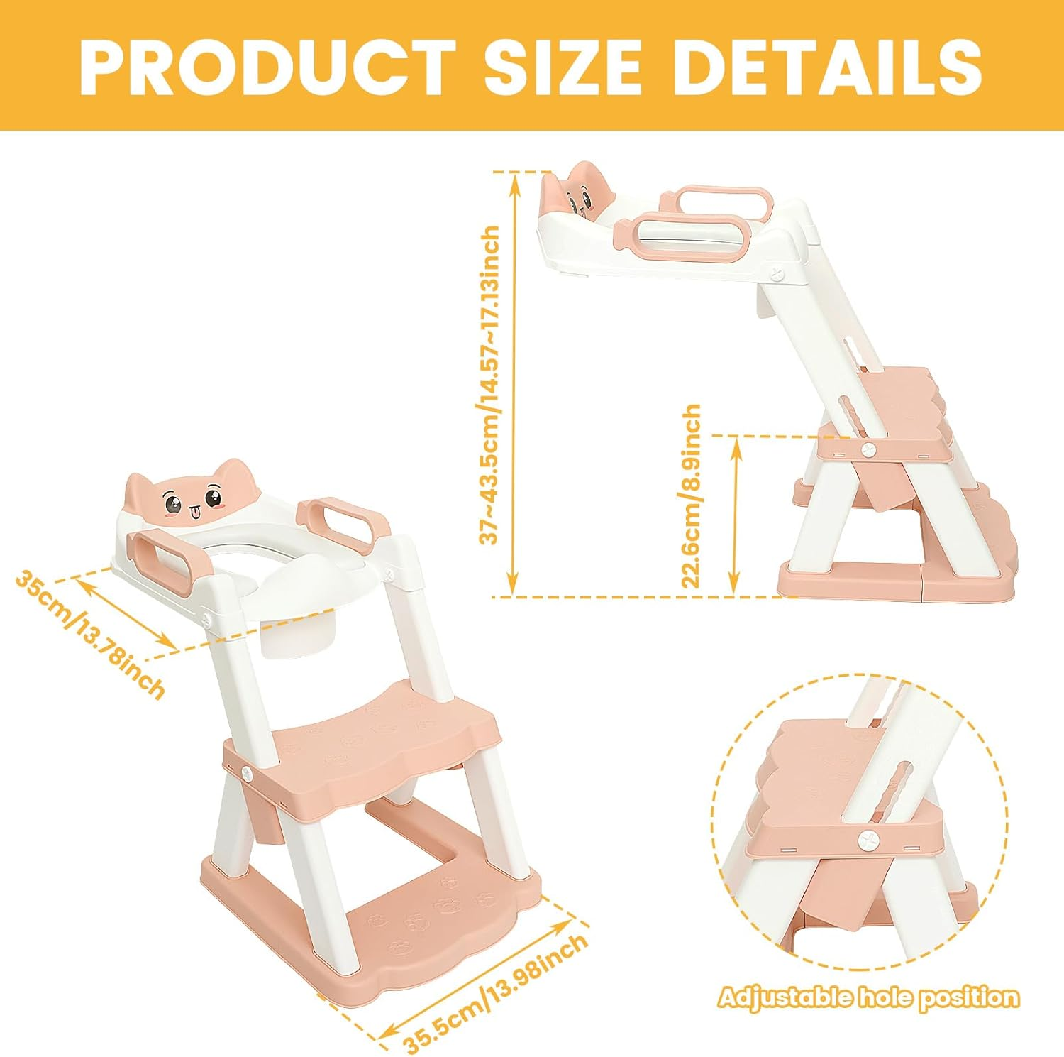 Potty Training Seat with Step Stool, Foldable Training Ladder anti Slip, Adjustable Height Comfortable Safe Potty Seat for Kids Boys Girls (Pink) - Grey image number 3