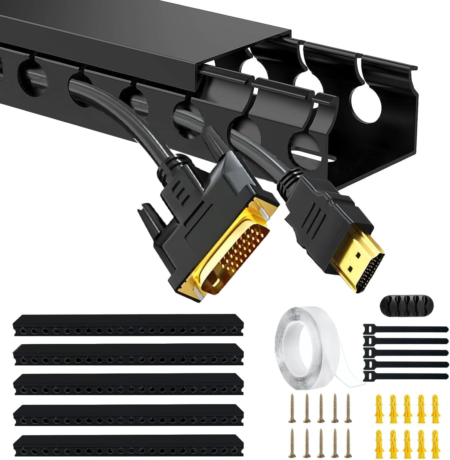 Adyawen 77.5 Inch Cable Management System Kit, Cable Raceway Kit,Open Slot Wiring Raceway Duct with Cover, On-Wall Cable Concealer Cord Organizer to Hide Wires Cords for Tvs, Computers 5X15.5''. Black image number 4