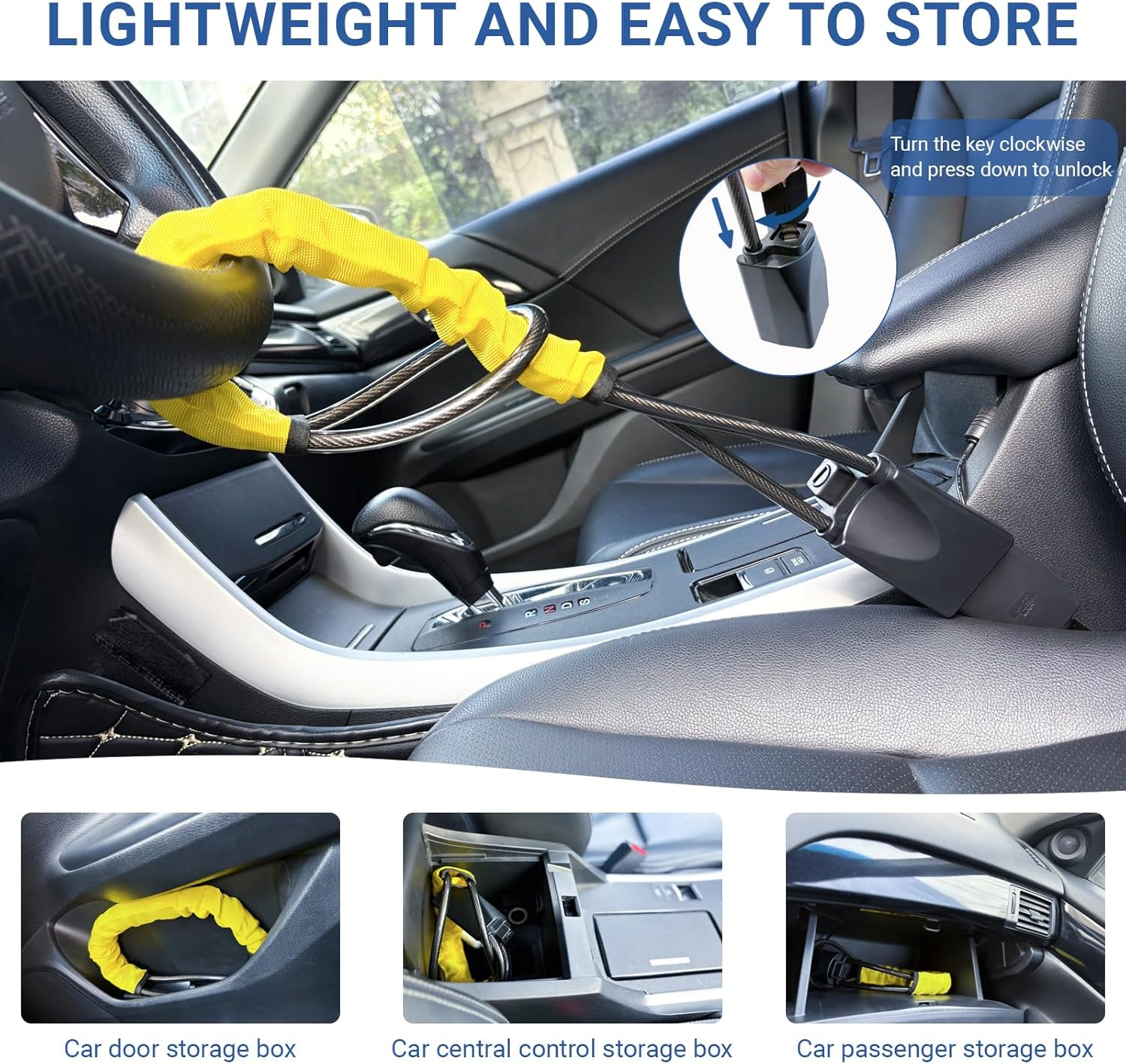 Car Steering Wheel Lock, Lightweight anti Theft Club Lock, 43Cm Universal Seat Belt Buckles Sturdy Lock with 3 Keys, Fit Most Vehicle Car SUV Truck Van (Yellow)