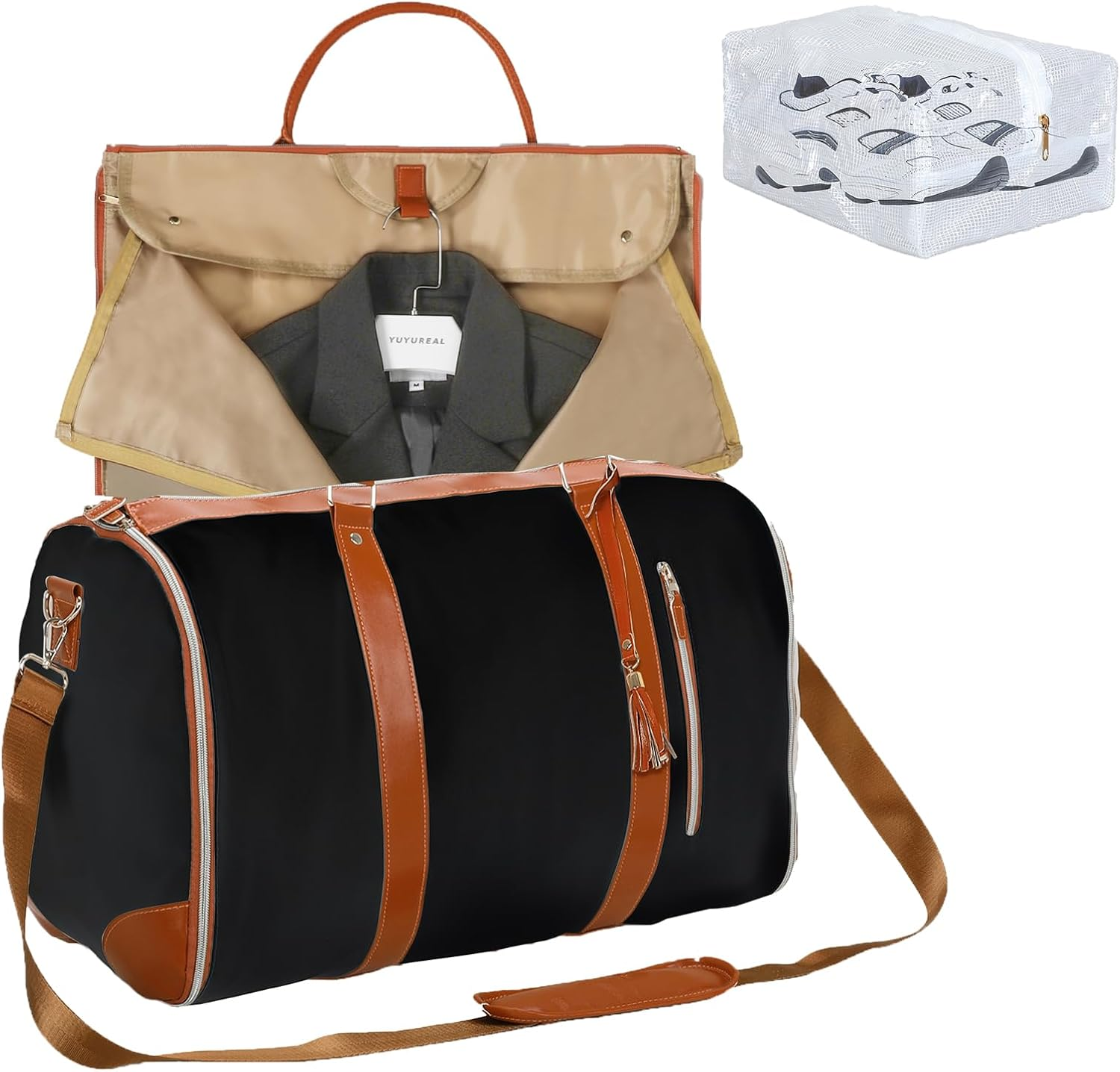 Slimbridge Carry on Garment Bag, Business Travel Bags, 2 in 1 Hanging Suitcase Suit Convertible Travel Duffel Bags, Large PU Leather Weekender Bag for Men Women, with Shoulder Strap and Shoe Bag,