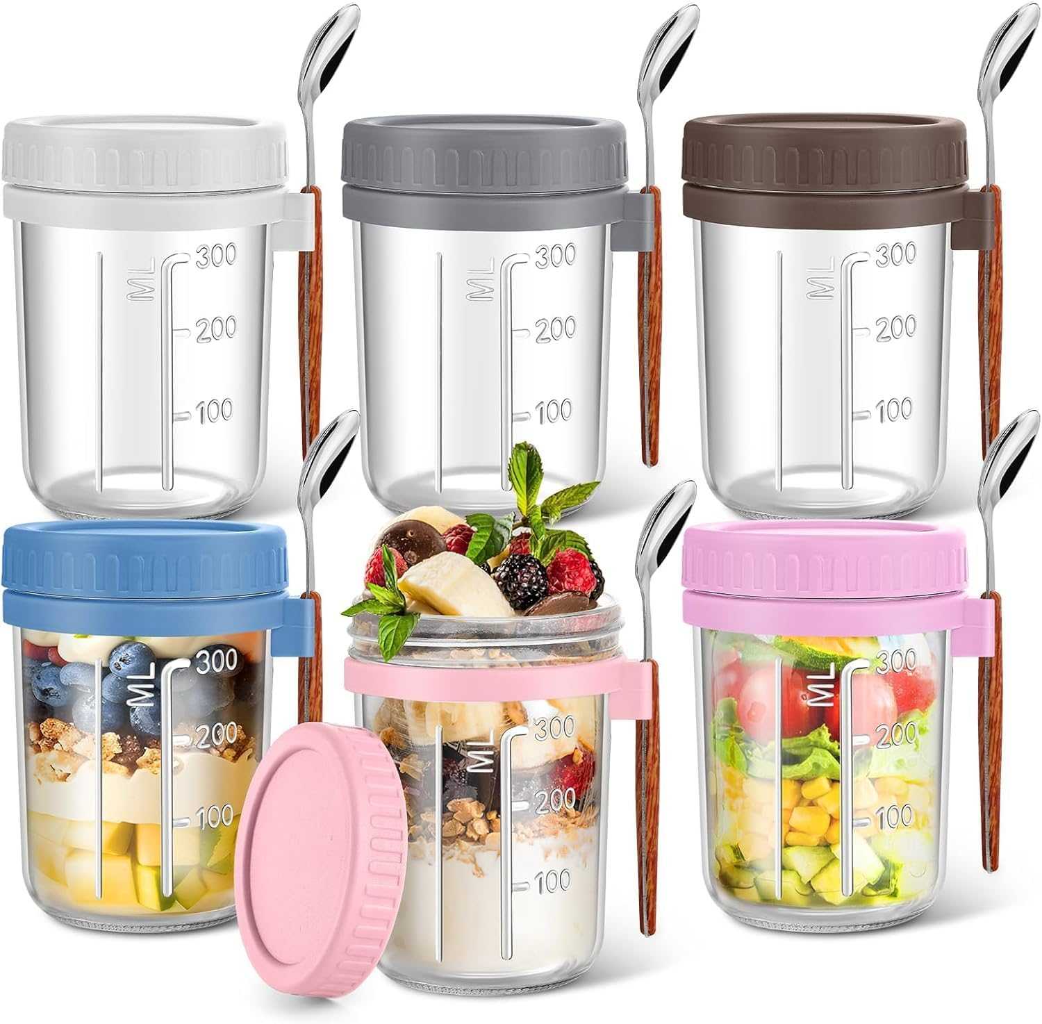 6 Pack Overnight Oats Containers with Lids, Wide Mouth Mason Salad Jars with Lids and Spoons, Glass Food Storage Containers for Yogurt Spice Snacks Sugar Reusable Jars image number 5