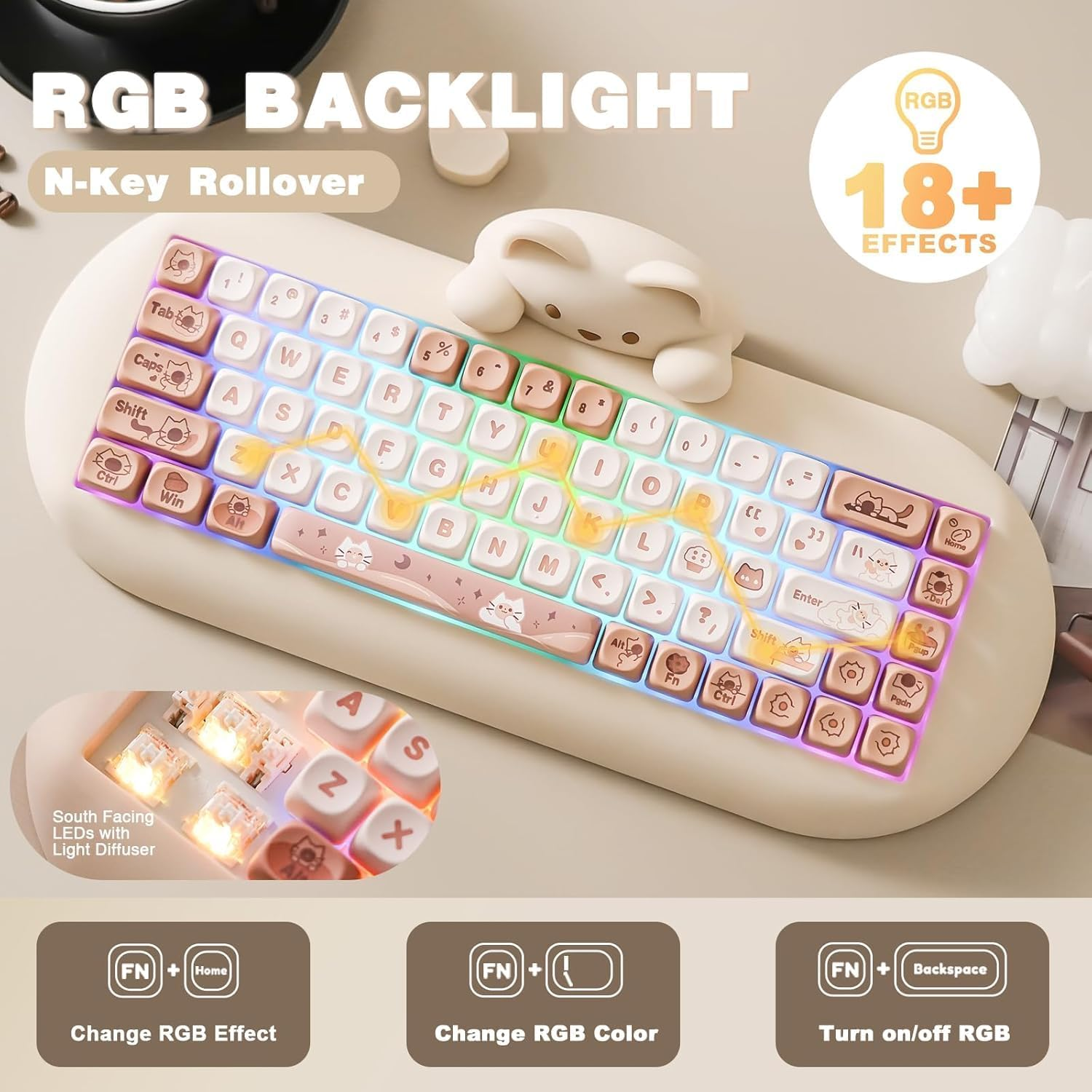 YUNZII C68 Wireless Mechanical Keyboard, 65% Gaming Keyboard Hot Swap,Triple Mode Bt5.0/2.4G/Wired,Rgb Backlit Nkro,Cute Cat Silicone Ergonomic Keyboard for Win/Mac（Milk Switch，Brown