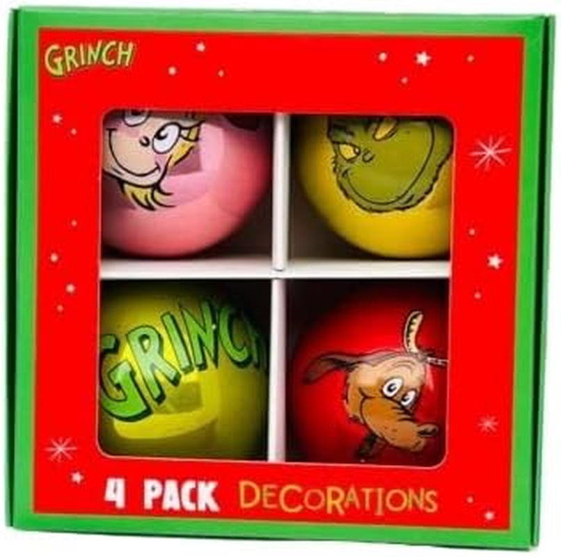 The Grinch Christmas Tree Decoration Dr Seuss Baubles Home Decor Hanging Seasonal Decoration Festive Item NEW (Pack of 4 Baubles) image number 1