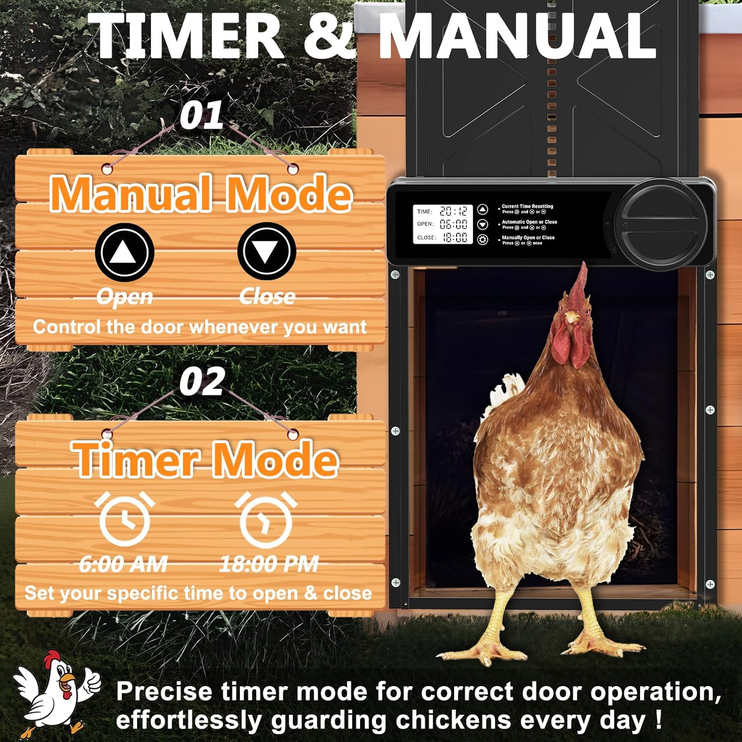 INNOLAND Automatic Chicken Coop Door - Large with Timer & Manual Mode, Anti-Pinch, Aluminum Alloy, Large Programmable LCD Screen, Chicken Coop Door with Low Battery Warning image number 5