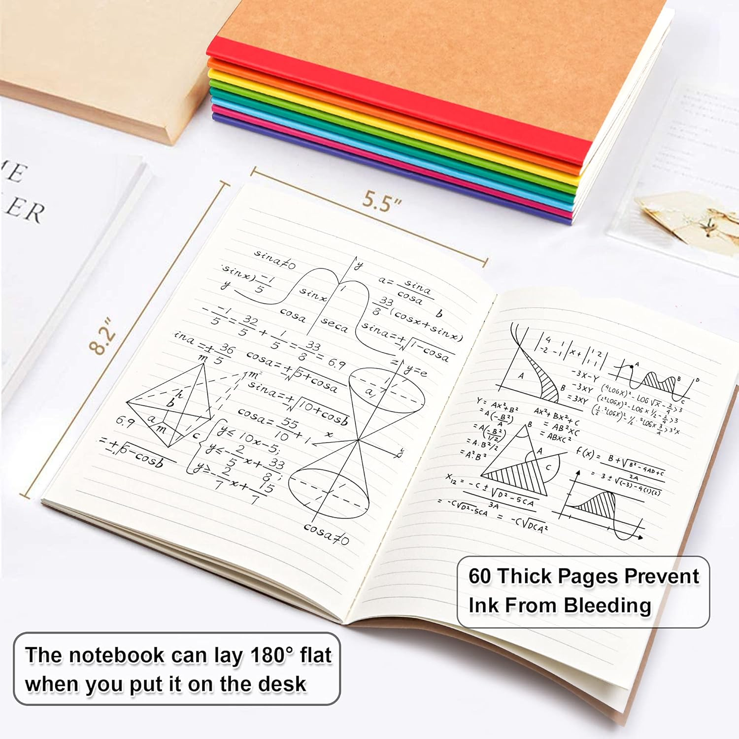 Feela 8 Pack Composition Notebooks Bulk, Kraft Cover Lined Blank College Ruled Composition Travel Journals with Rainbow Spines for Women Students Business, 60 Pages, 8.3&rdquo;X 5.5&rdquo;, A5, 8 Colors image number 5