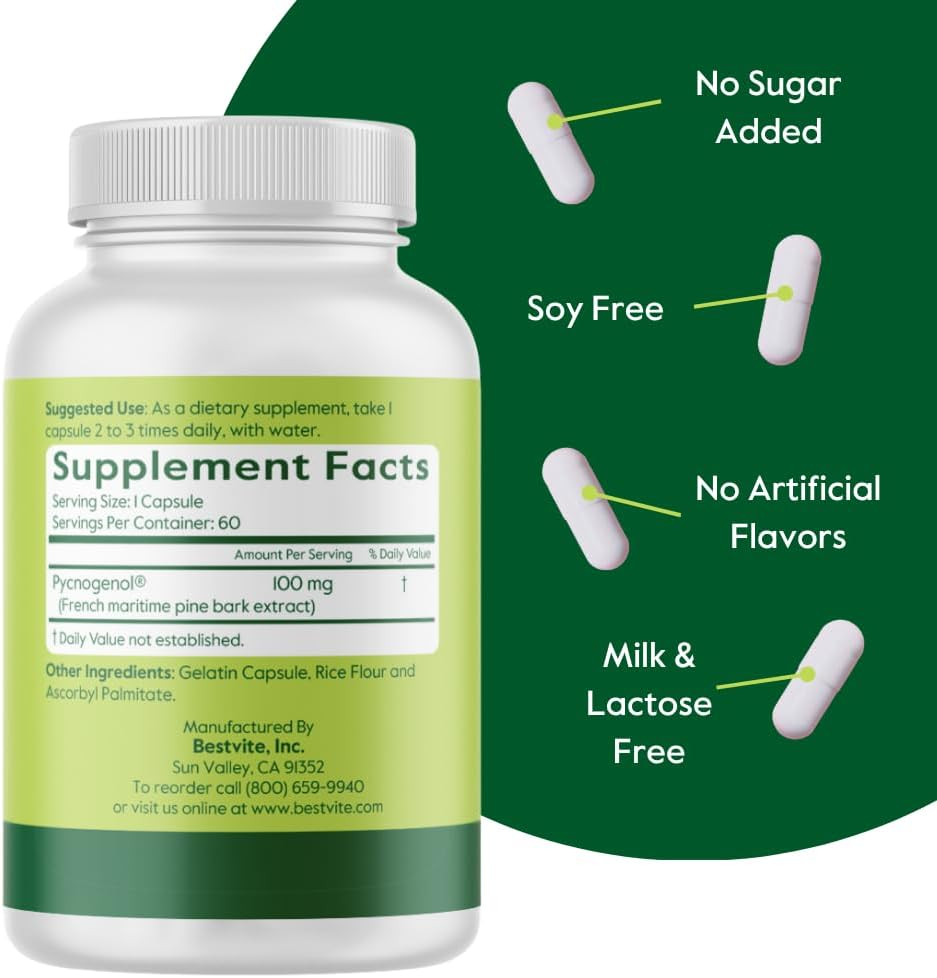 Pycnogenol 100Mg (60 Capsules) - French Maritime Pine Bark Extract - No Stearates - Gluten Free - Non GMO image number 6