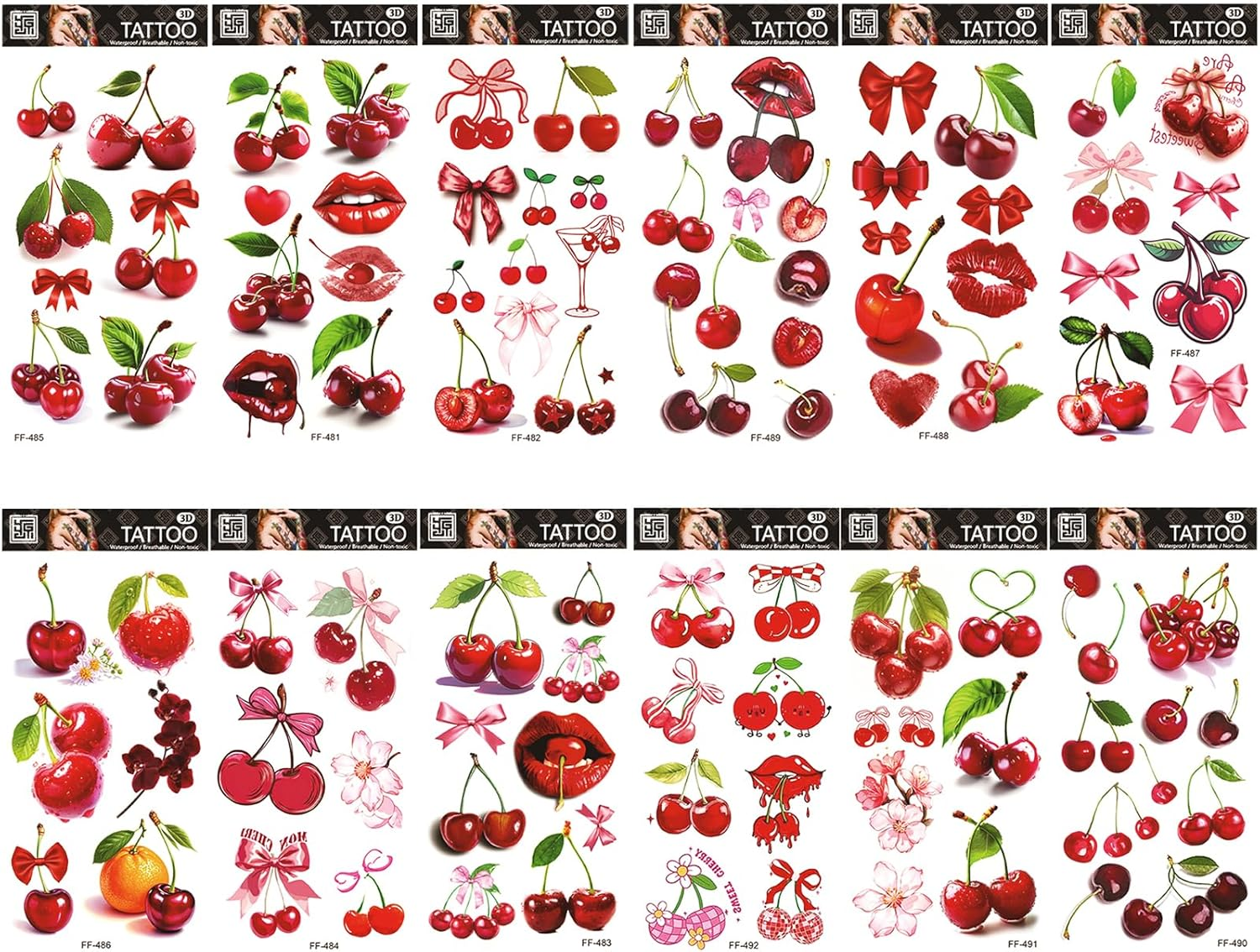 Buziba 12 Sheets Cherry Temporary Tattoos Stickers Funny Cherry Birthday Decorations Cute Red Cherries Fake Tattoo Gifts for Women Men Fruit Themed Party Favors Supplies image number 3