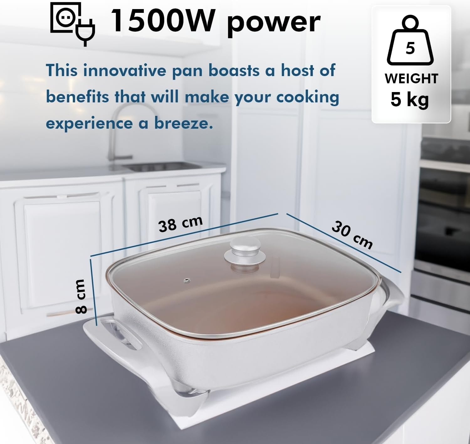 Healthy Choice 38X30CM Electric Kitchen Skillet with Nonstick Copper Coated Grill Pan & Glass Lid Cover, Indoor Countertop Cooking Pan with Temperature Control & Handle Compact Easy Clean image number 2