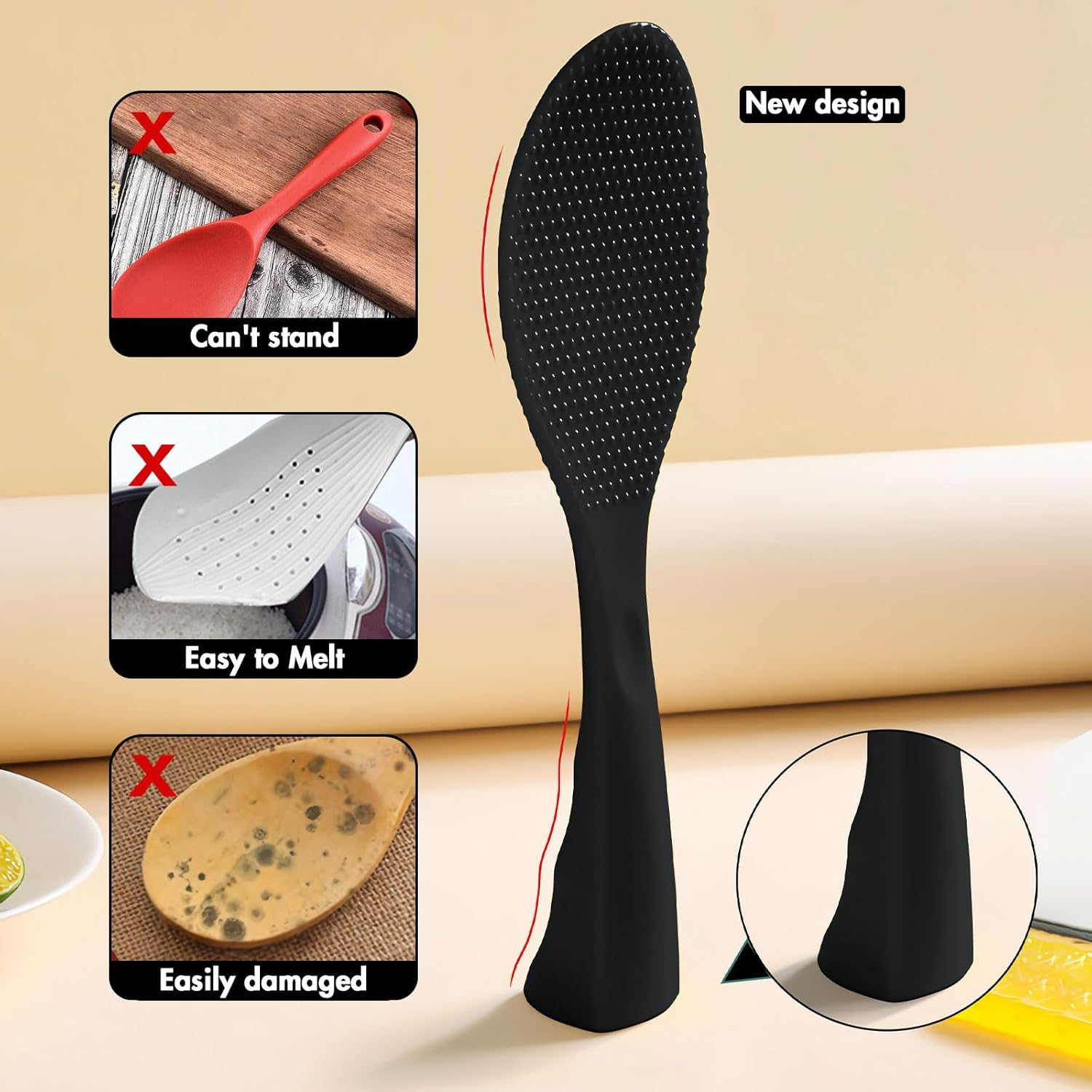 Firekylin Rice Paddle, Silicone Standing Rice Spatula with Non Stick Rice Spoon Paddle Heat Resistant Rice Cooker Spoon, Serving Spoon for Rice(Black) image number 5