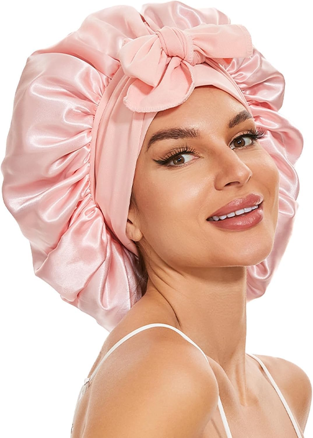 Large Silk Bonnet for Sleeping, Satin Hair Bonnet for Sleeping with Tie Band, Double Layer Satin Bonnets for Women Natural Curly Hair Shower Cap image number 4