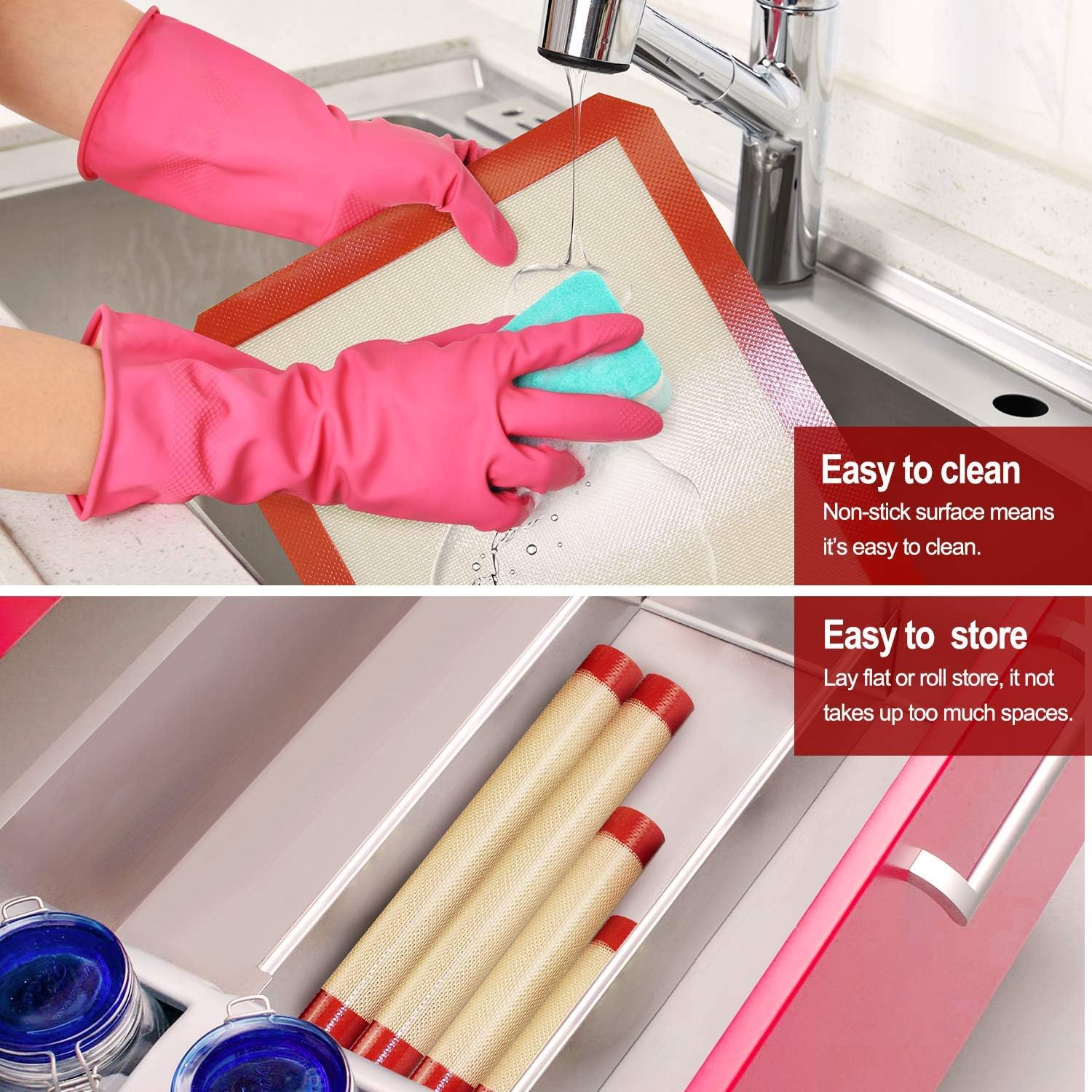 5Pcs Silicone Baking Mats, 2 Half Sheets Mats + 1 Quarter Sheet Liner + 1 round & 1 Square Cake Pan Mat - 100% Food Grade Non-Stick & Silicone Brush, for Baking Cake Cookie