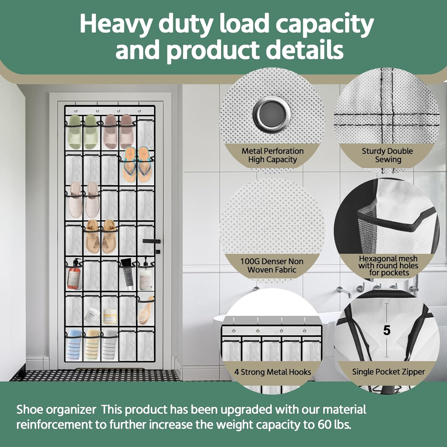 35 Pocket over the Door Shoe Organizer,Reusable Breathable Large Mesh Bag Men'S & Women'S Sneaker Organizer,Shoe Organizer for Kids,Hanging Shoe Storage Hanging Bag (White) - Black image number 6